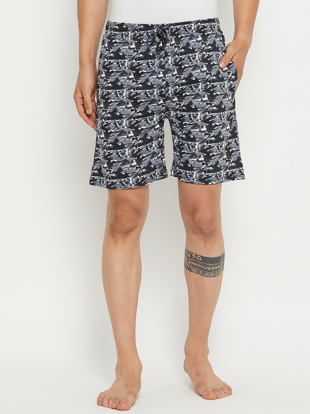 

NEVA Men Geomertric Printed Mid-Rise Lounge Shorts, Grey