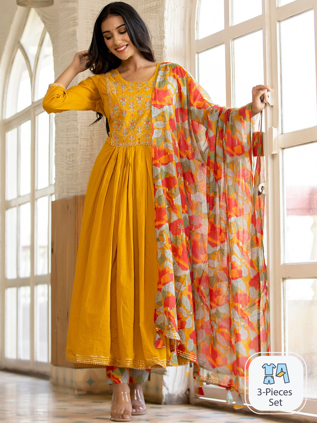 

KAAJH Floral Yoke Design Gotta Patti Pure Cotton Anarkali Kurta With Trousers & Dupatta, Yellow