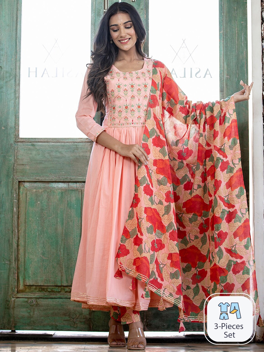 

KAAJH Ethnic Motifs Embroidered Pure Cotton Anarkali Kurta With Trousers & Dupatta, Peach