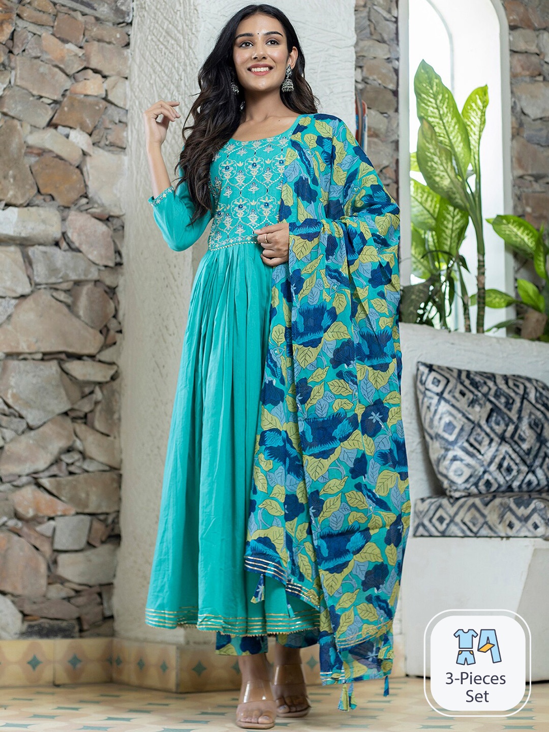 

KAAJH Floral Yoke Design Regular Gotta Patti Pure Cotton Kurta With Trousers & Dupatta, Turquoise blue
