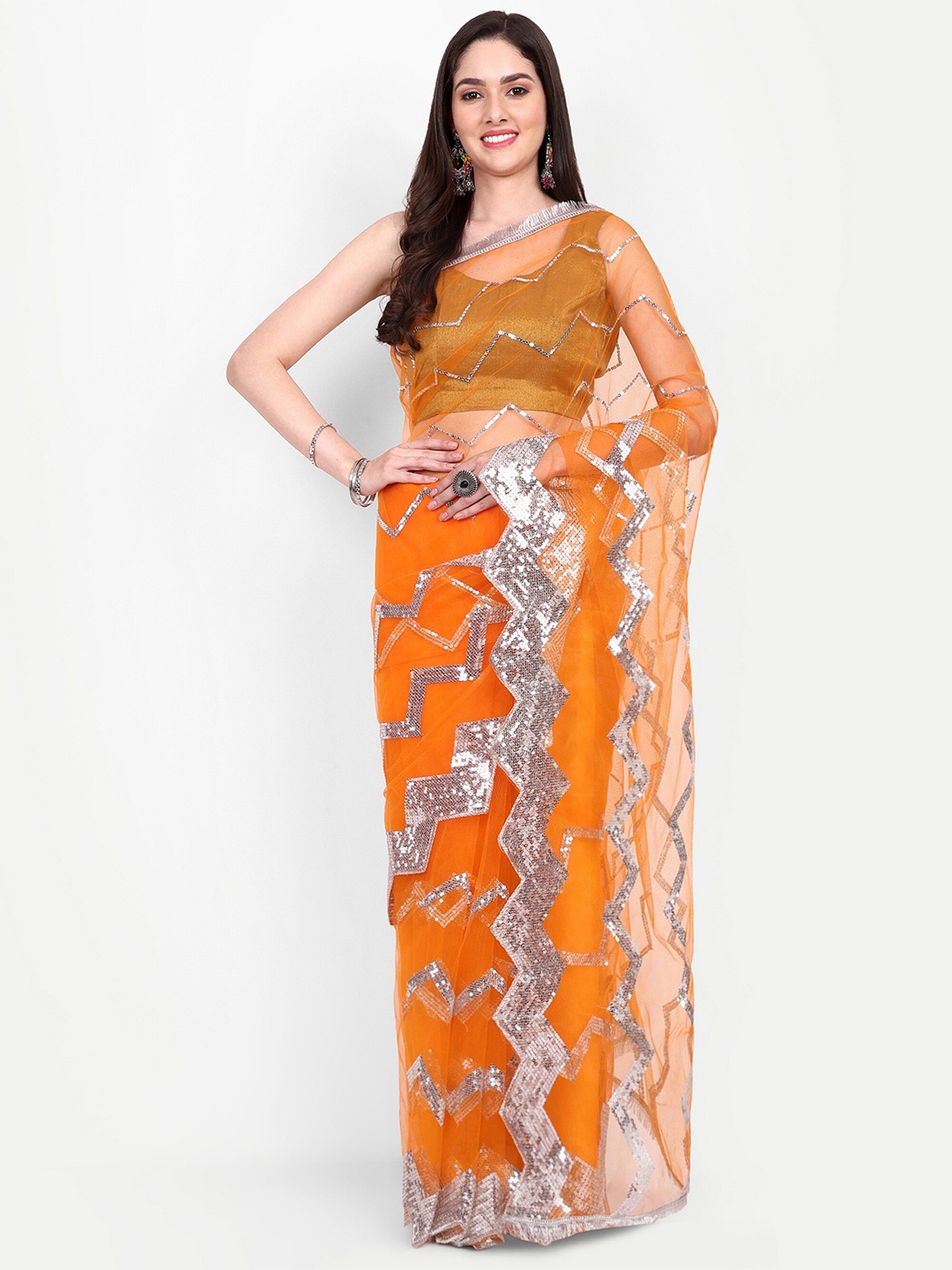 

BARKIYA CREATION Embellished Sequinned Net Saree, Gold