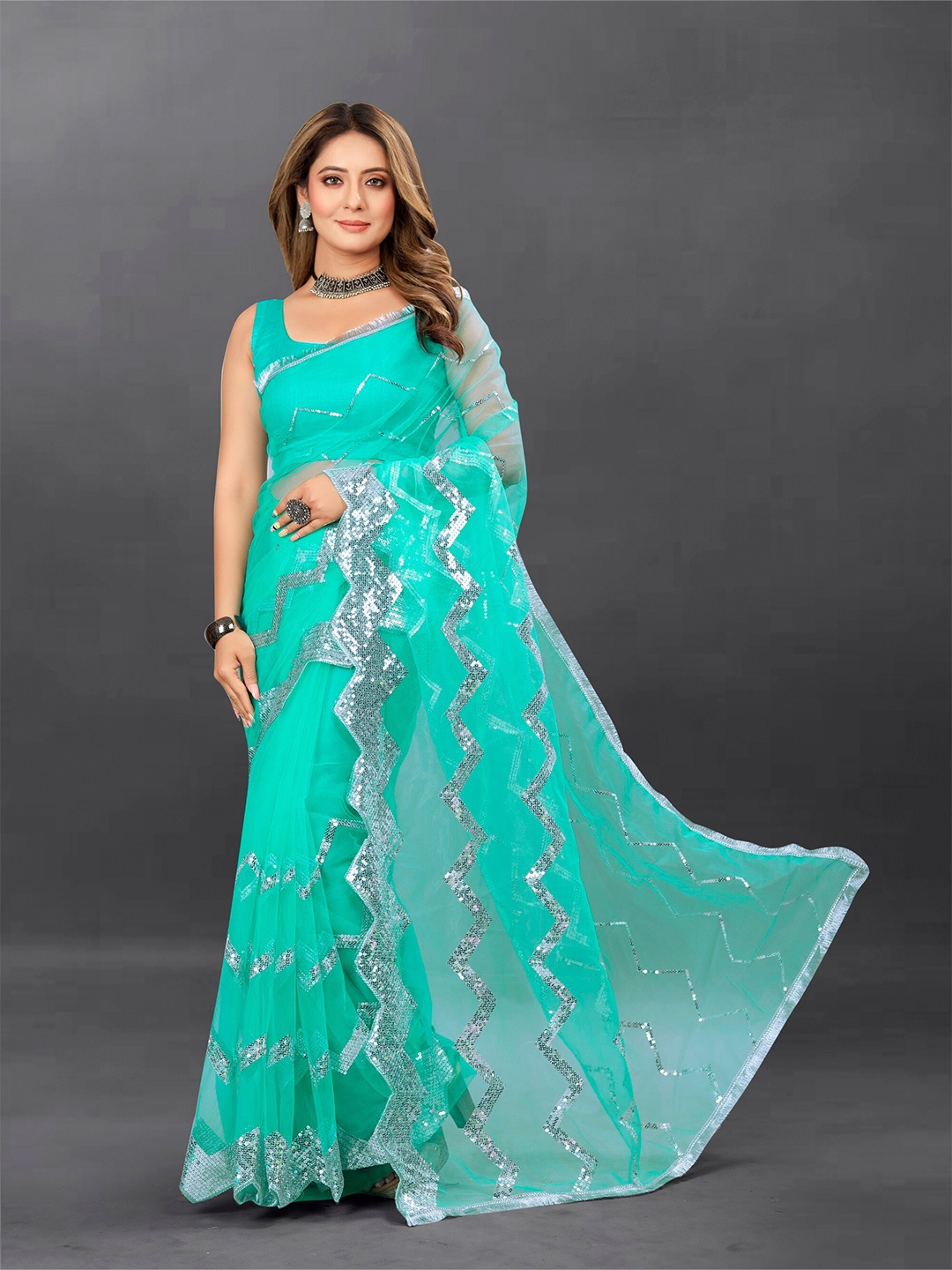 

BARKIYA CREATION Embellished Sequinned Net Saree, Blue