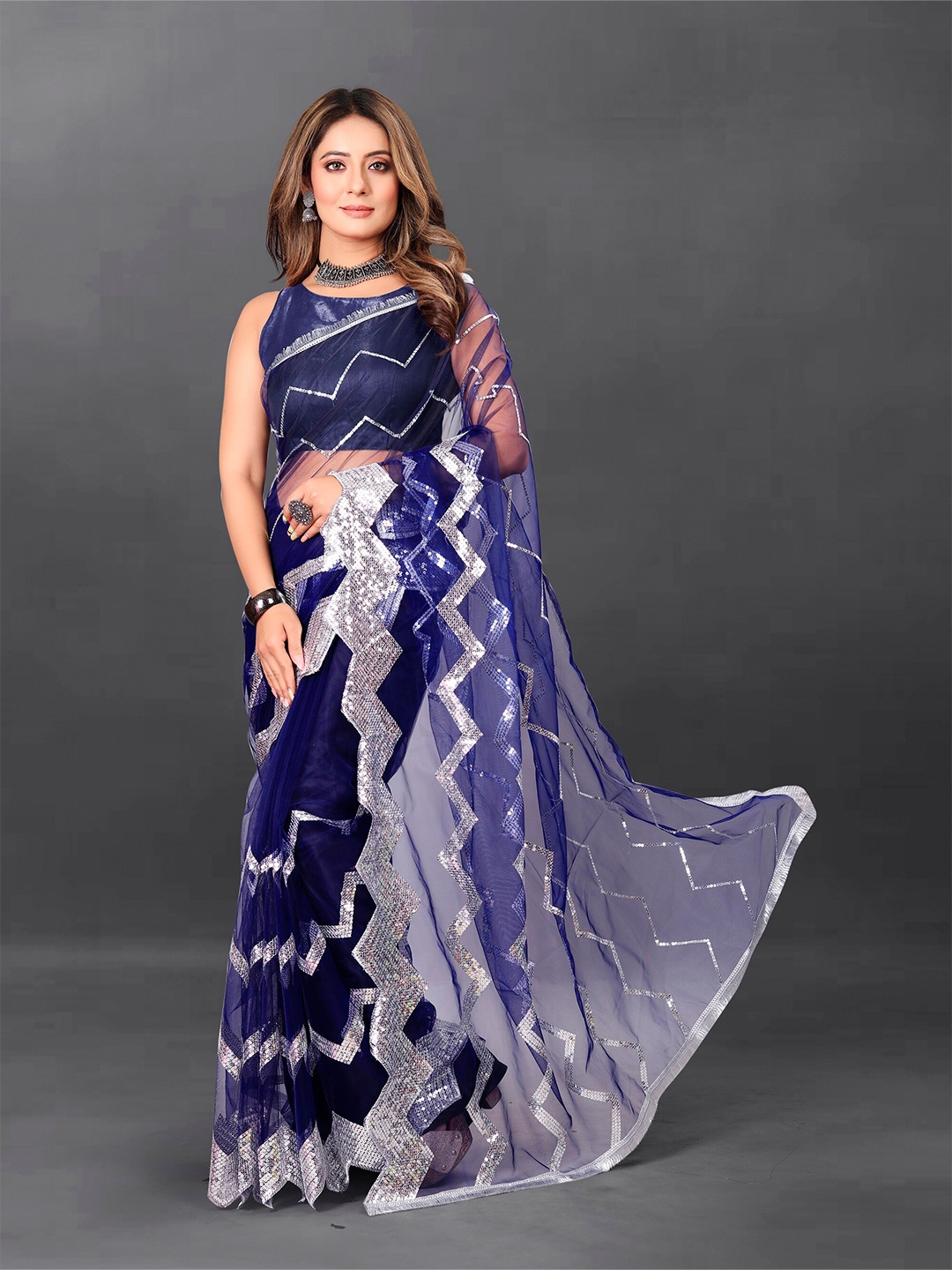 

BARKIYA CREATION Embellished Sequinned Net Saree, Navy blue