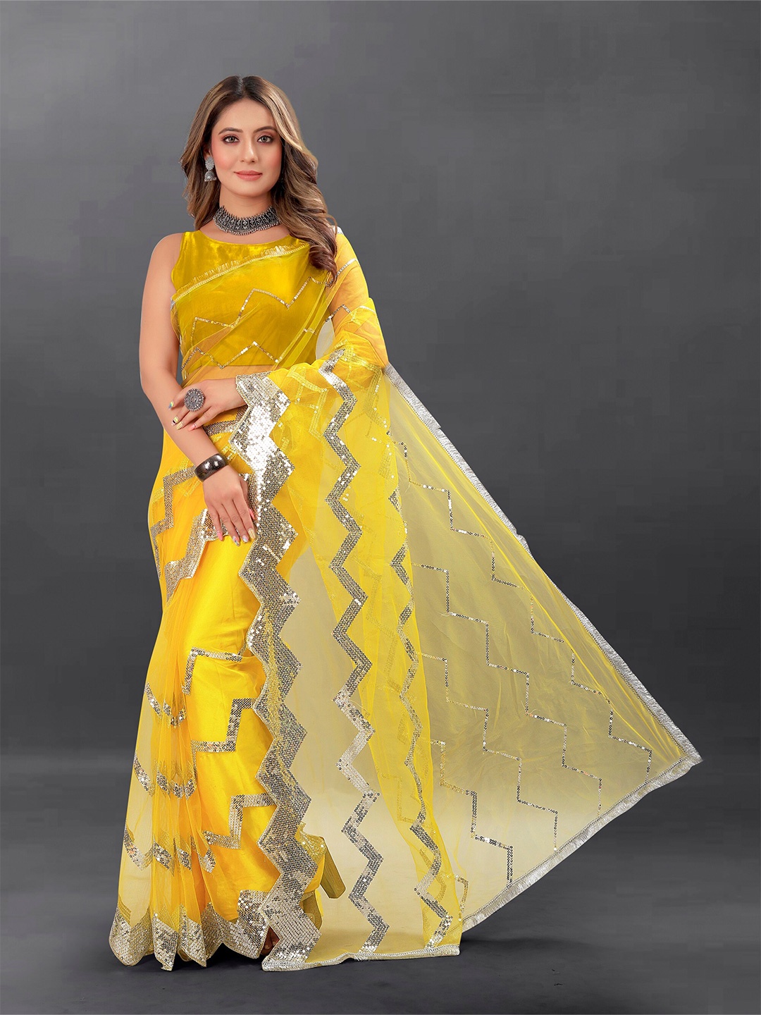 

BARKIYA CREATION Embellished Sequinned Net Saree, Yellow