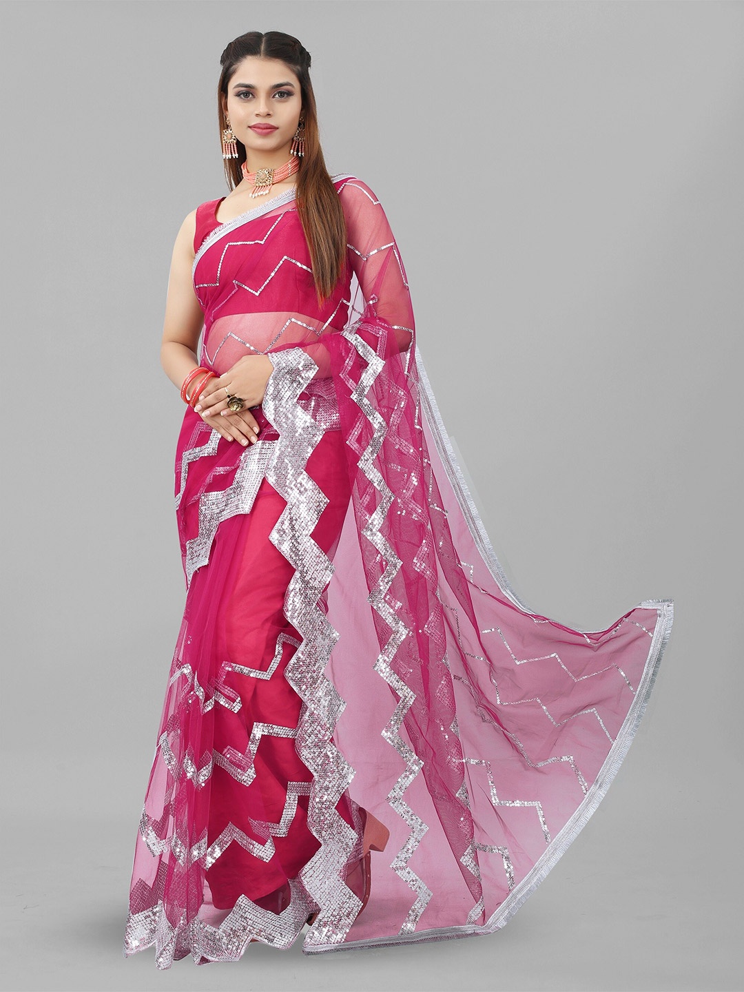 

BARKIYA CREATION Embellished Sequinned Net Saree, Pink