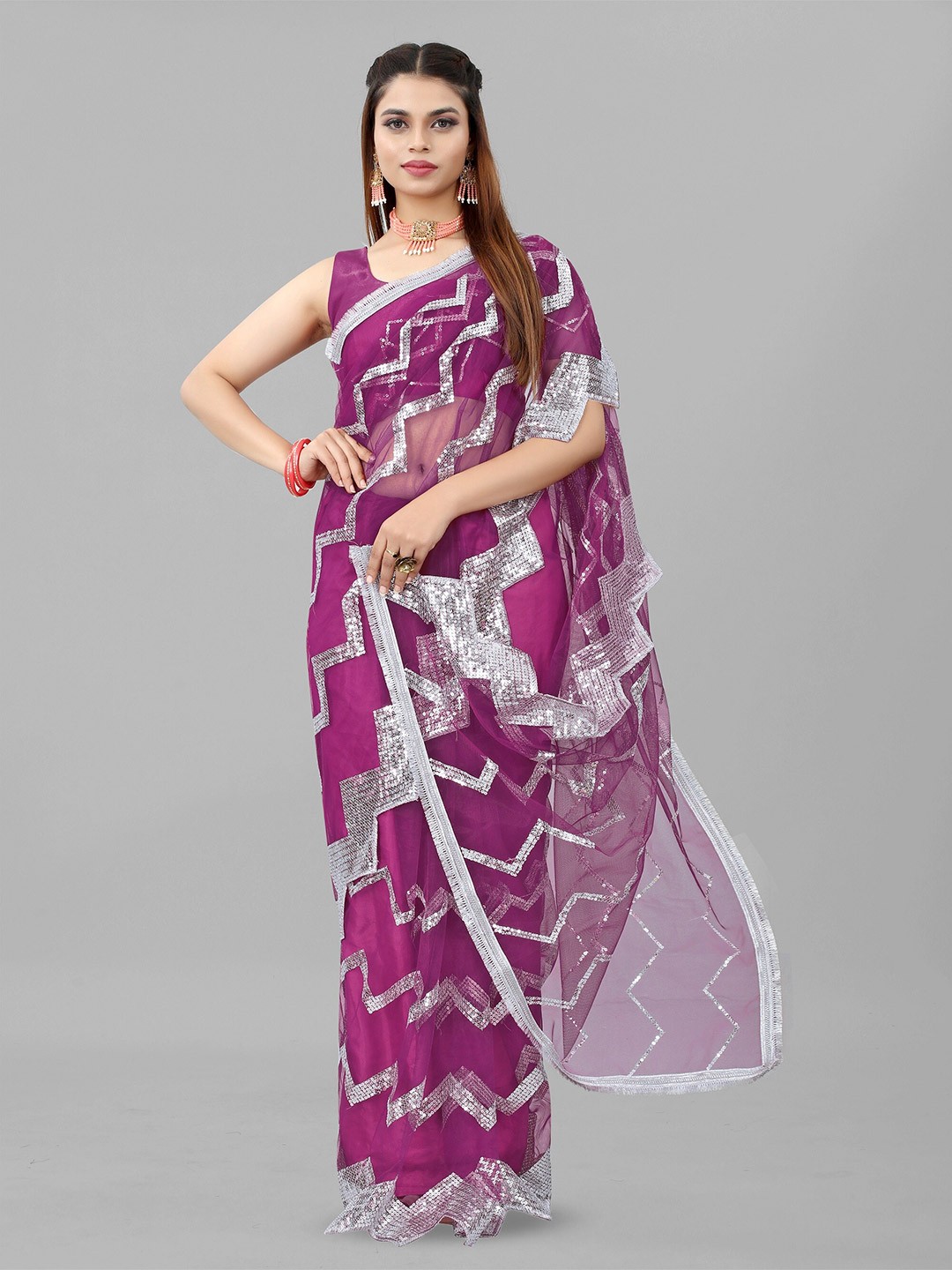 

BARKIYA CREATION Embellished Sequinned Net Saree, Purple