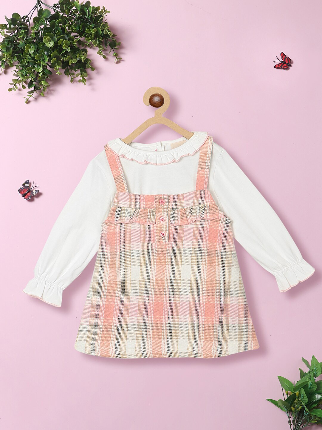 

Nauti Nati Girls Checked Ruffles Shoulder Straps Cotton Pinafore Dress, Pink