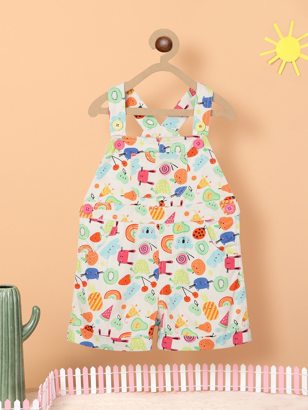 

Nauti Nati Girls Printed Pure Cotton Straight-Leg Dungaree, White