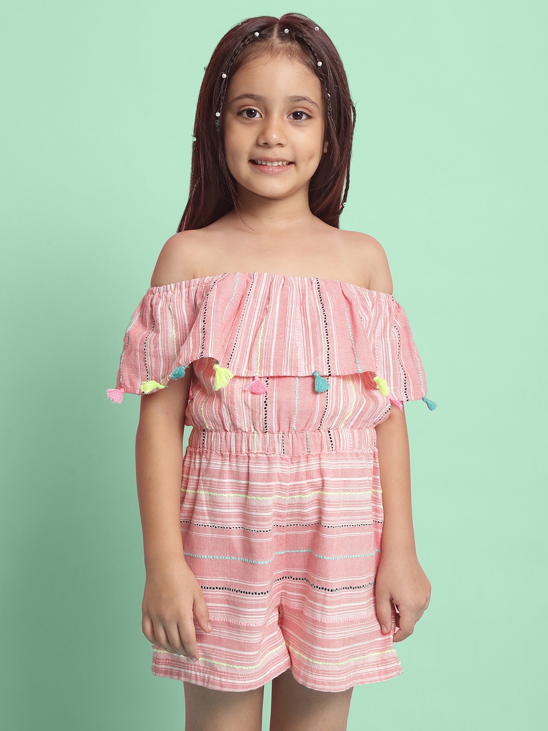

Nauti Nati Girls Striped Self Designed Off-Shoulder Jumpsuit, Peach