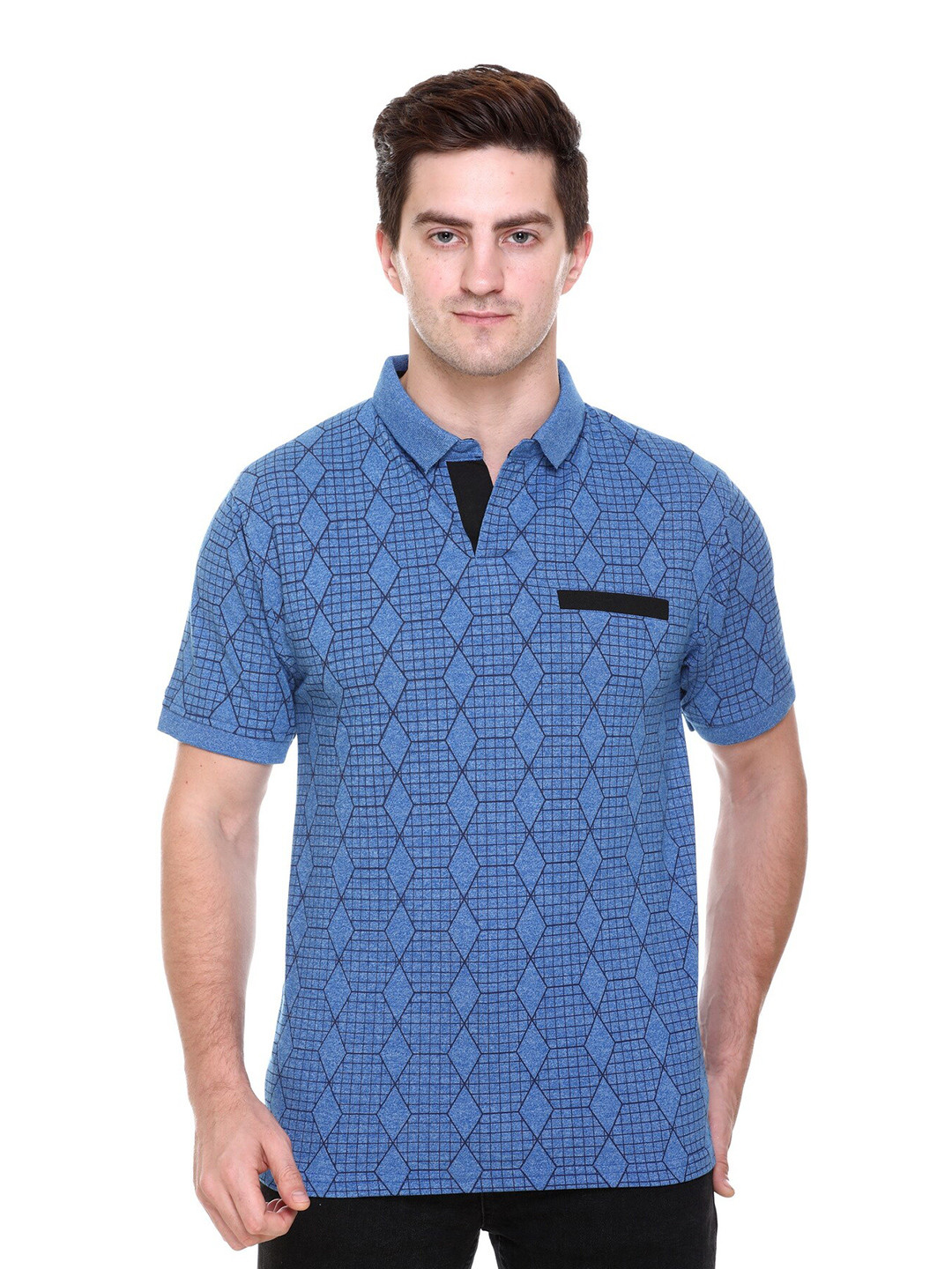 

FCKPLUS Geometric Printed Polo Collar Cotton T-shirt, Blue