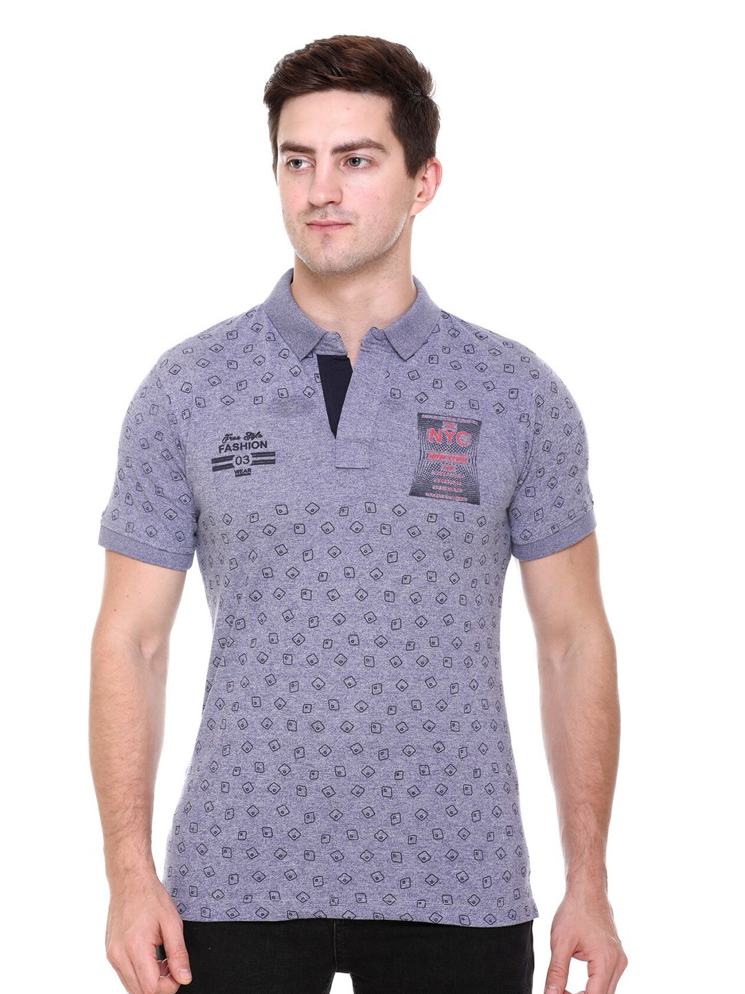 

FCKPLUS Geometric Printed Polo Collar Cotton T-shirt, Grey