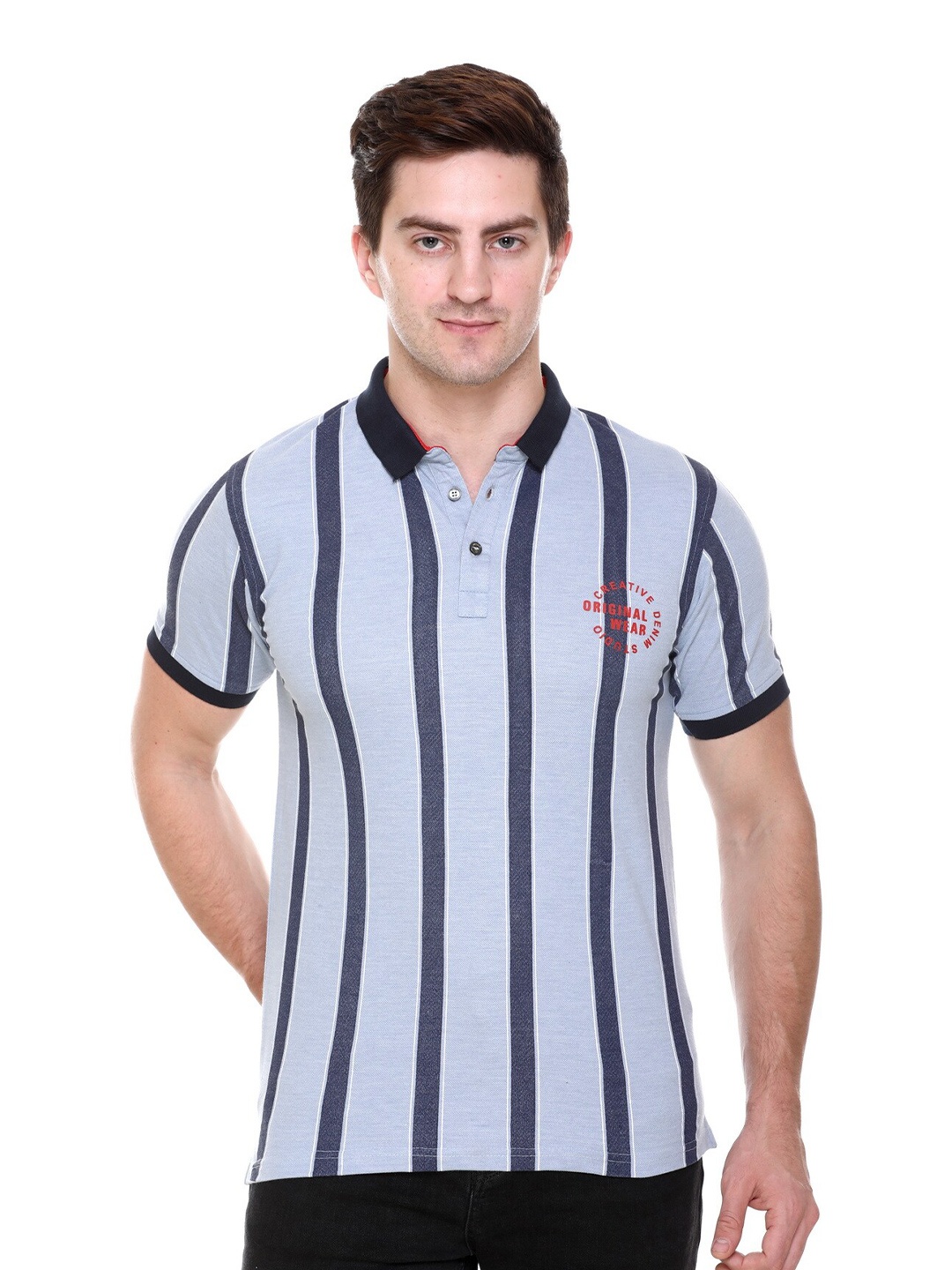 

FCKPLUS Striped Polo Collar Cotton T-shirt, Blue