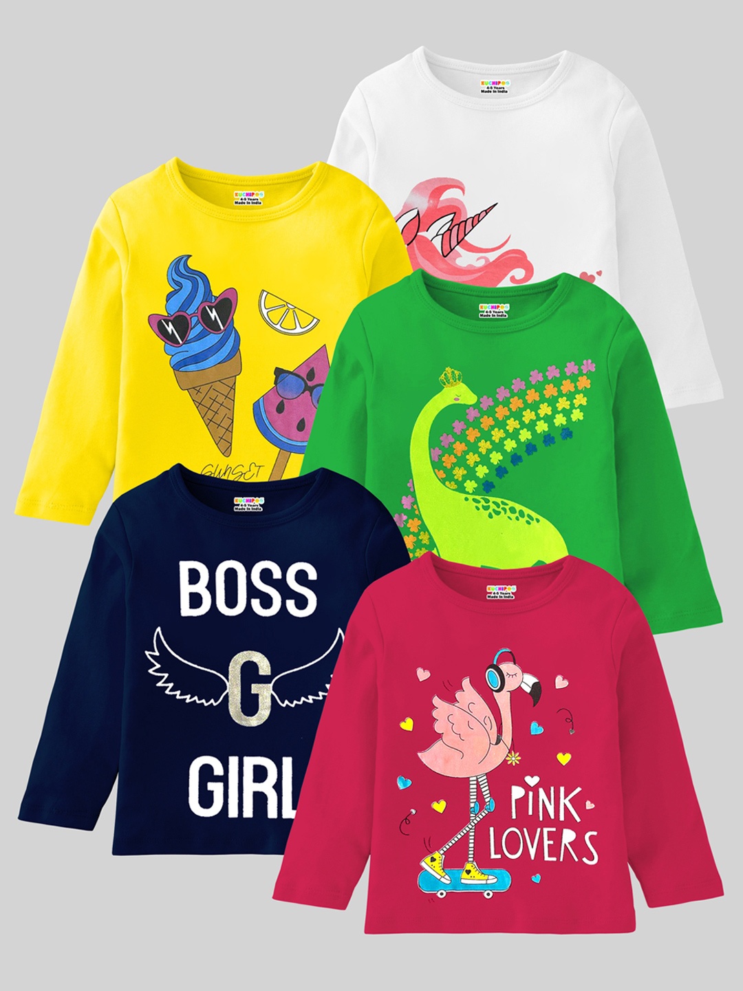 

KUCHIPOO Girls Pack Of 5 Printed Round Neck Cotton Regular T-shirt, Green