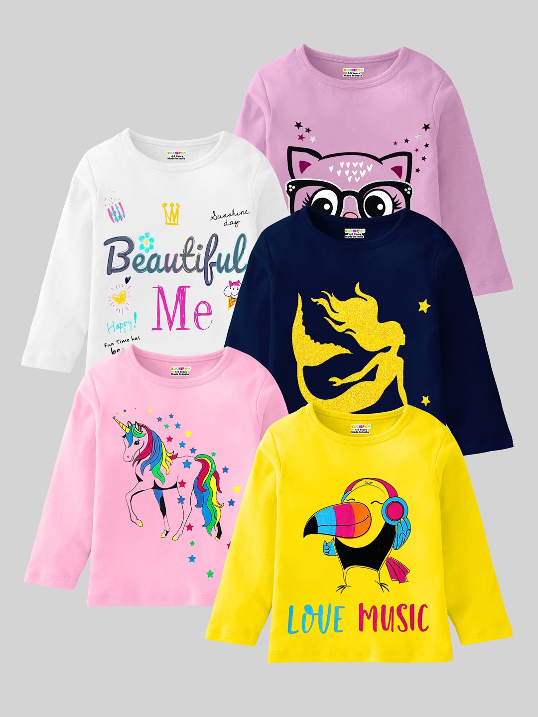 

KUCHIPOO Girls Pack of 5 Printed Round Neck Casual T-shirt, Purple