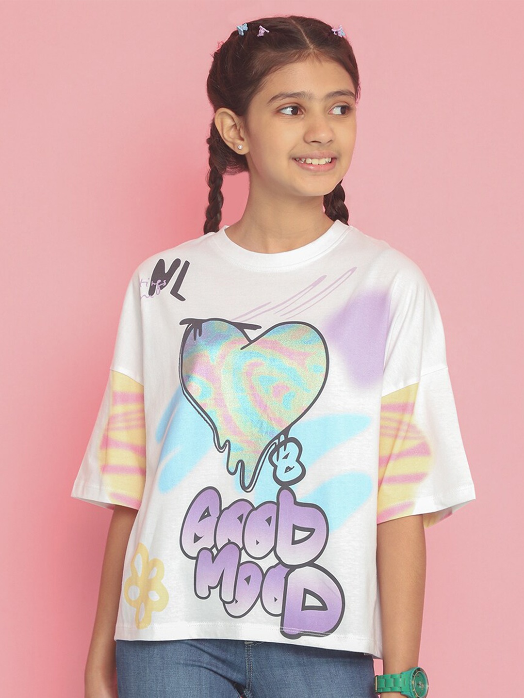 

Natilene Graphic Printed Drop Shoulder Pure Cotton Tshirt, White
