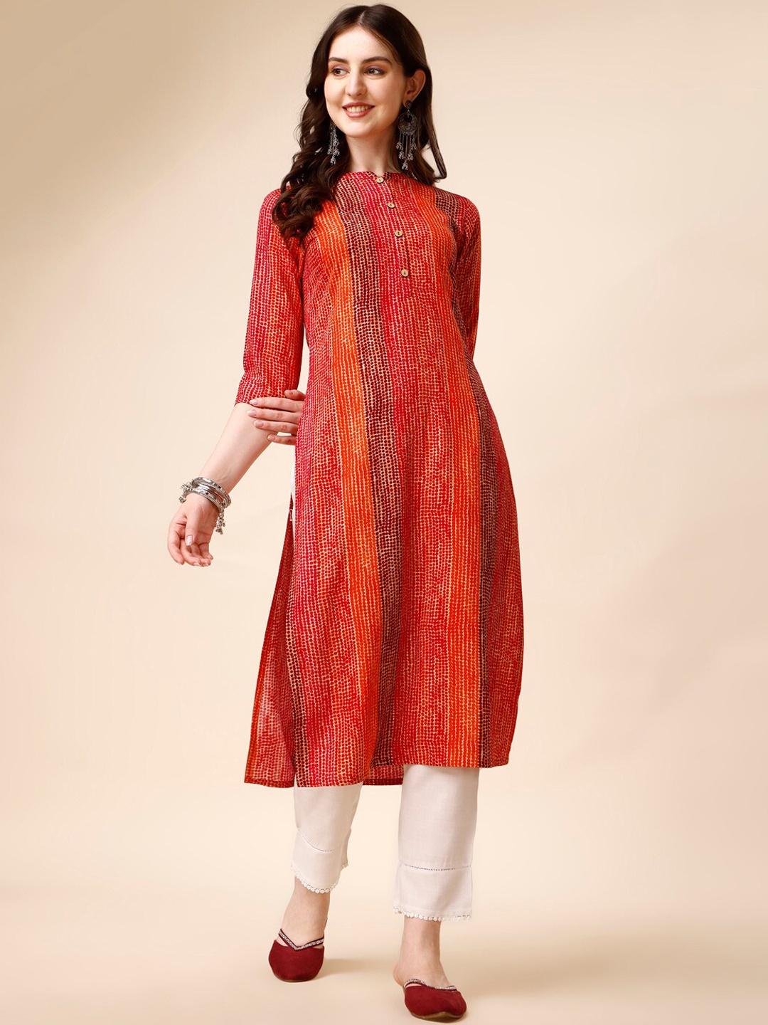 

KALINI Abstract Printed Mandarin Collar Straight Kurta, Orange