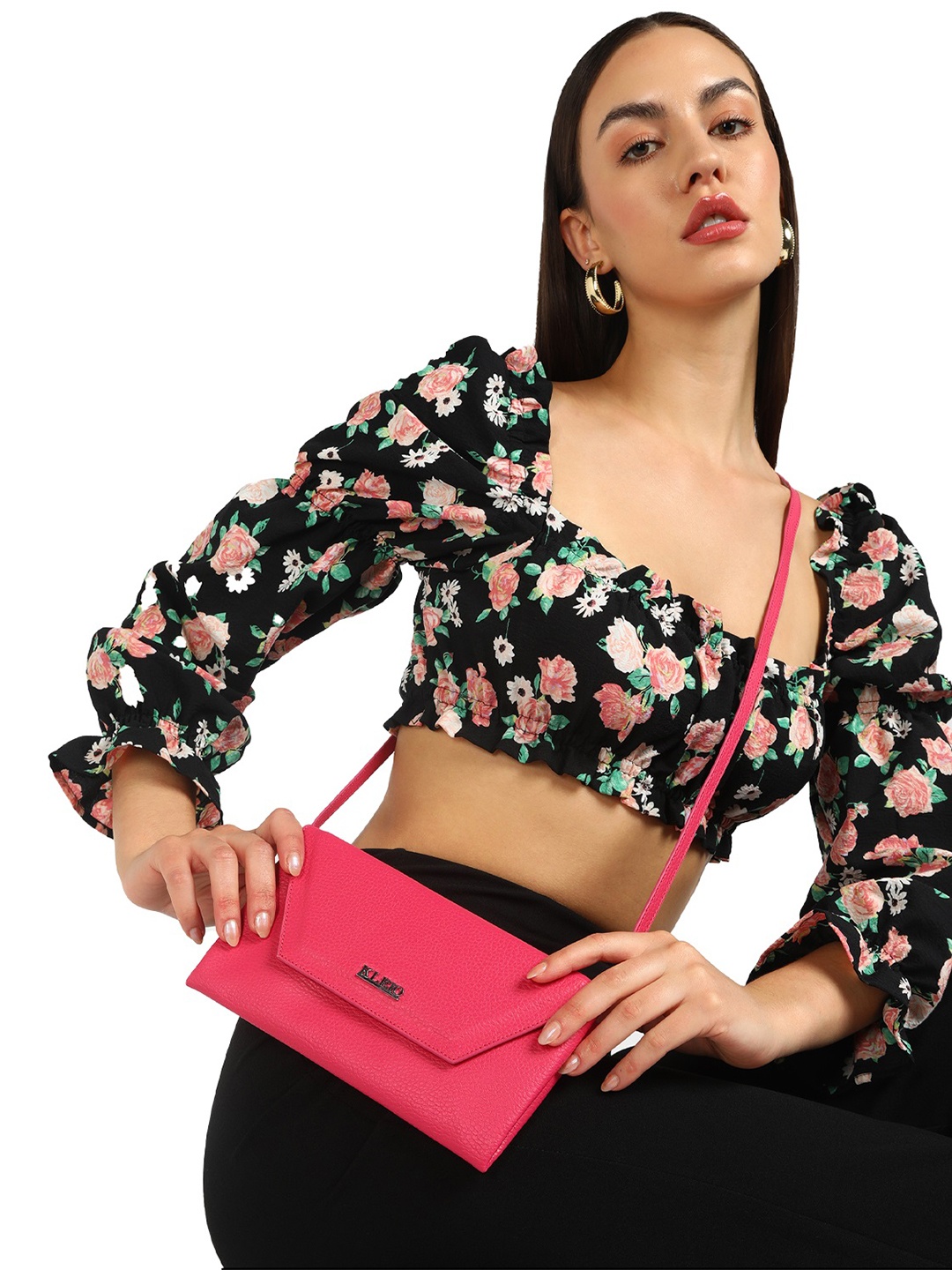 

KLEIO PU Textured Structured Sling Bag, Pink