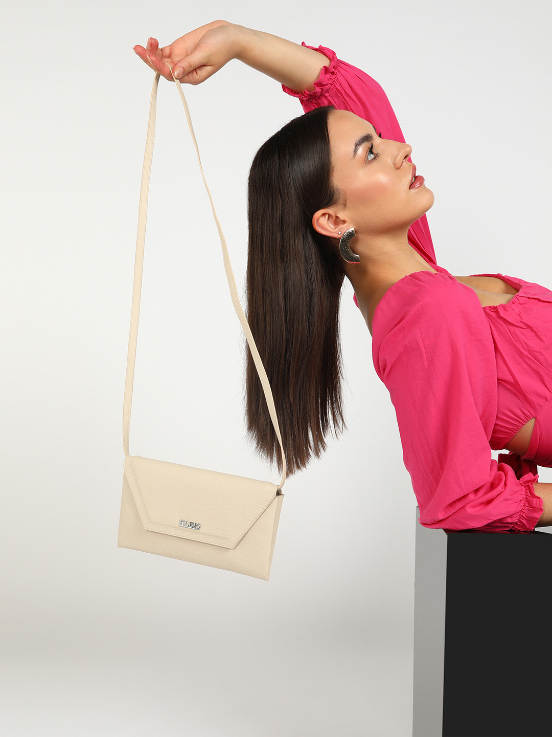 

KLEIO PU Textured Structured Sling Bag, Cream