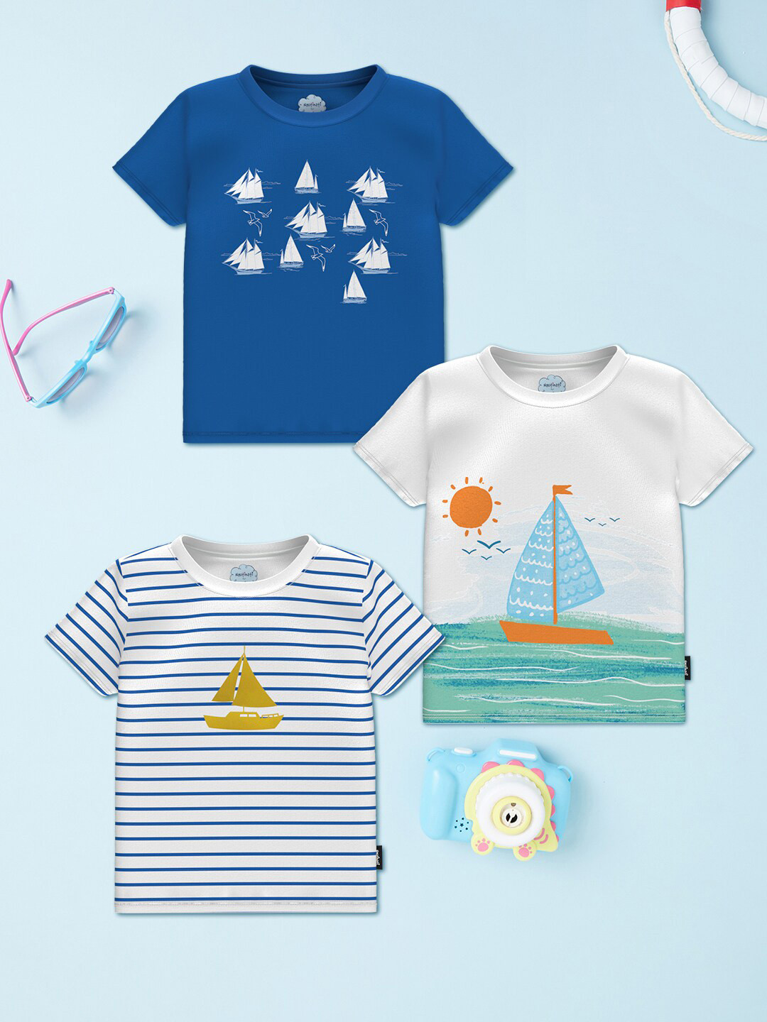 

Nauti Nati Boys Pack Of 3 Graphic Printed Cotton T-shirts, Blue