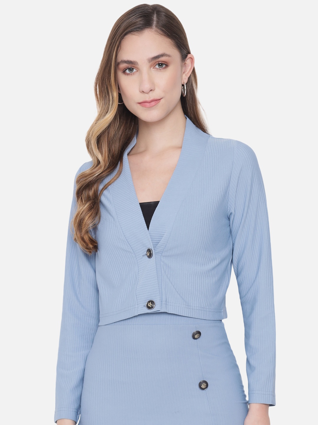 

Chemistry Self Design Shawl Collar Crop Single-Breasted Blazer, Blue