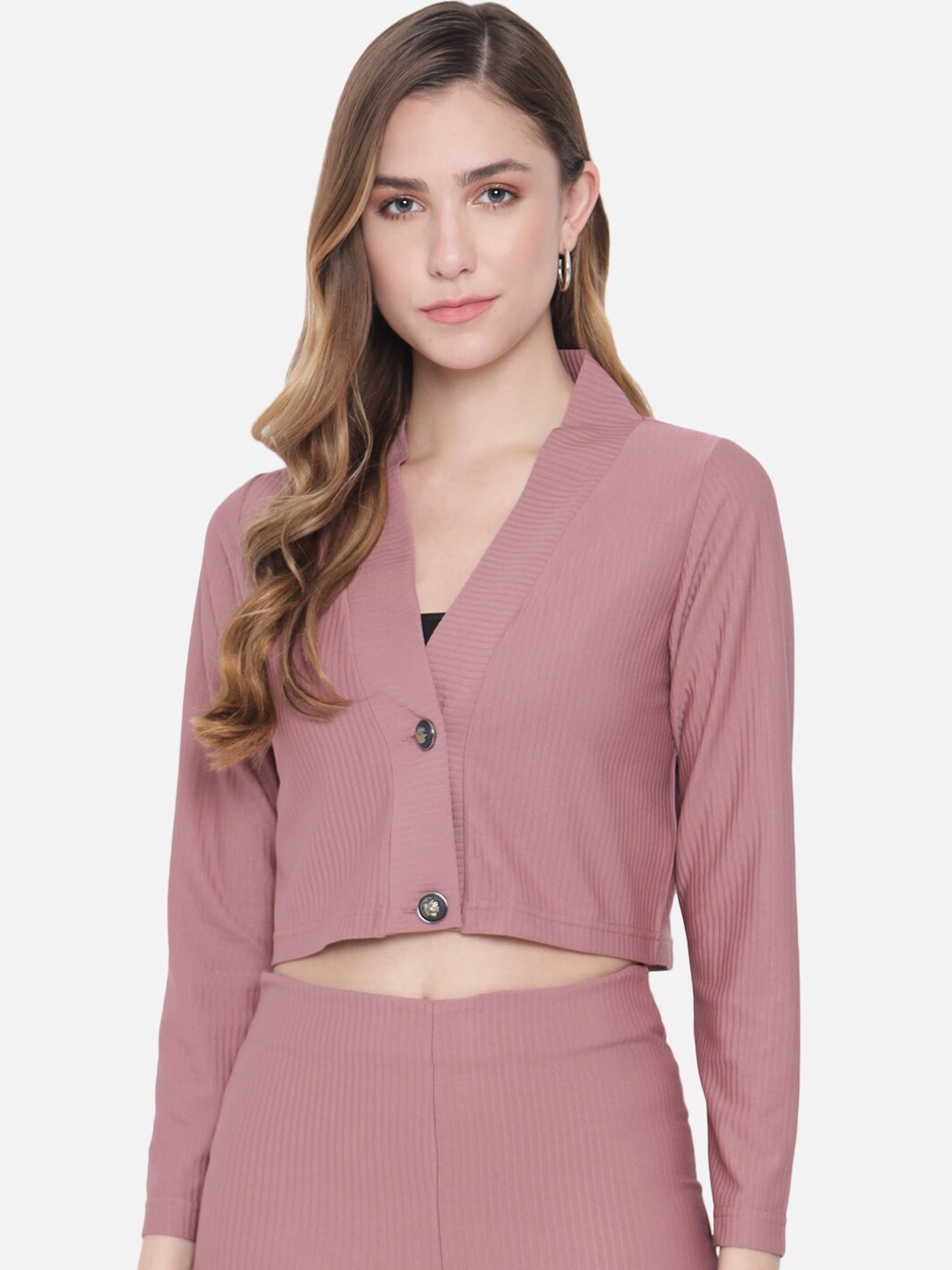 

Chemistry Self Design Shawl Collar Crop Single-Breasted Blazer, Pink