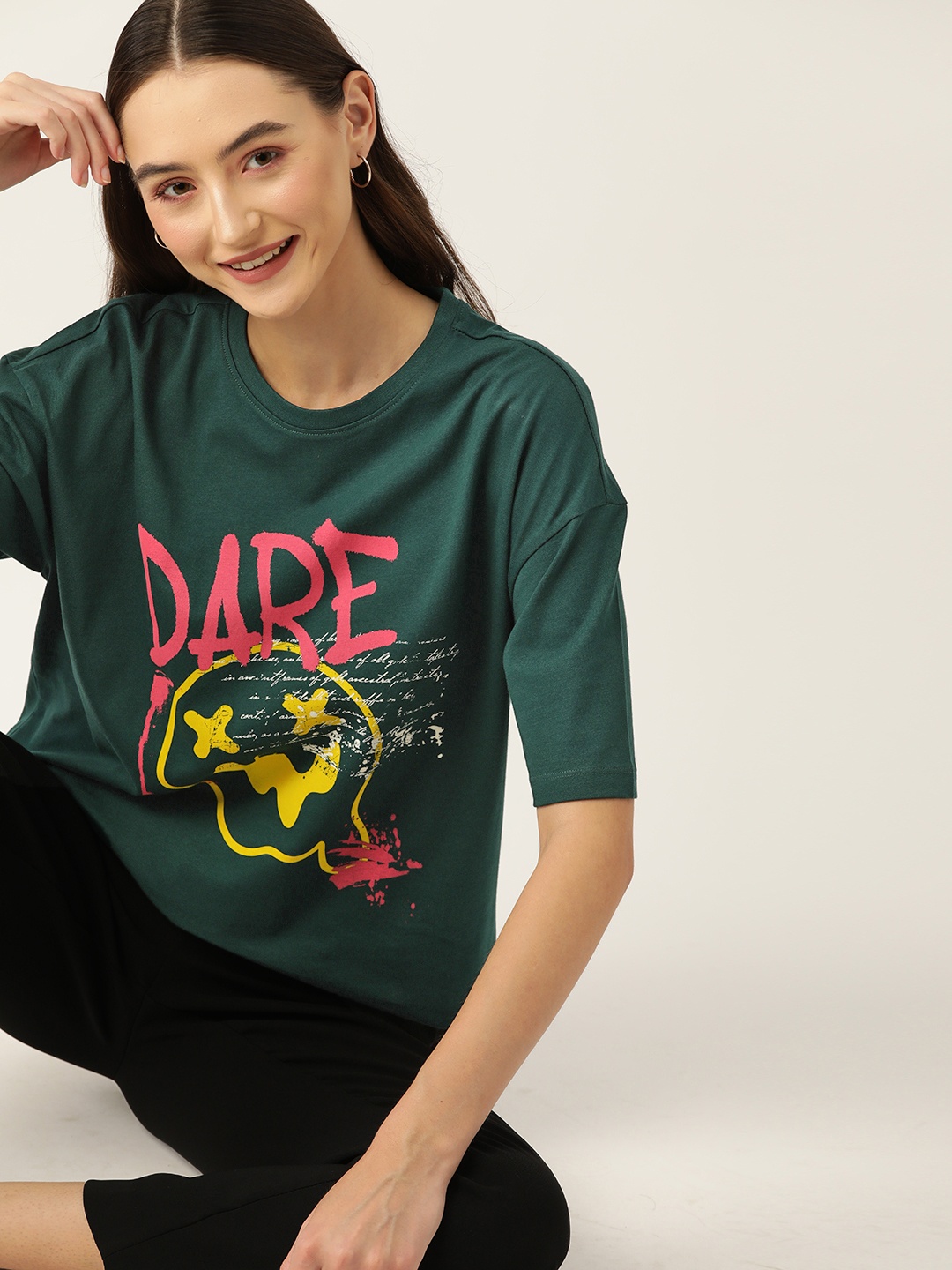 

DressBerry Women Printed Drop-Shoulder Sleeves Pure Cotton Boxy T-shirt, Green