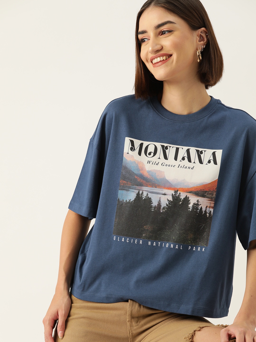 

DressBerry Women Printed Drop-Shoulder Sleeves Pure Cotton Boxy T-shirt, Navy blue