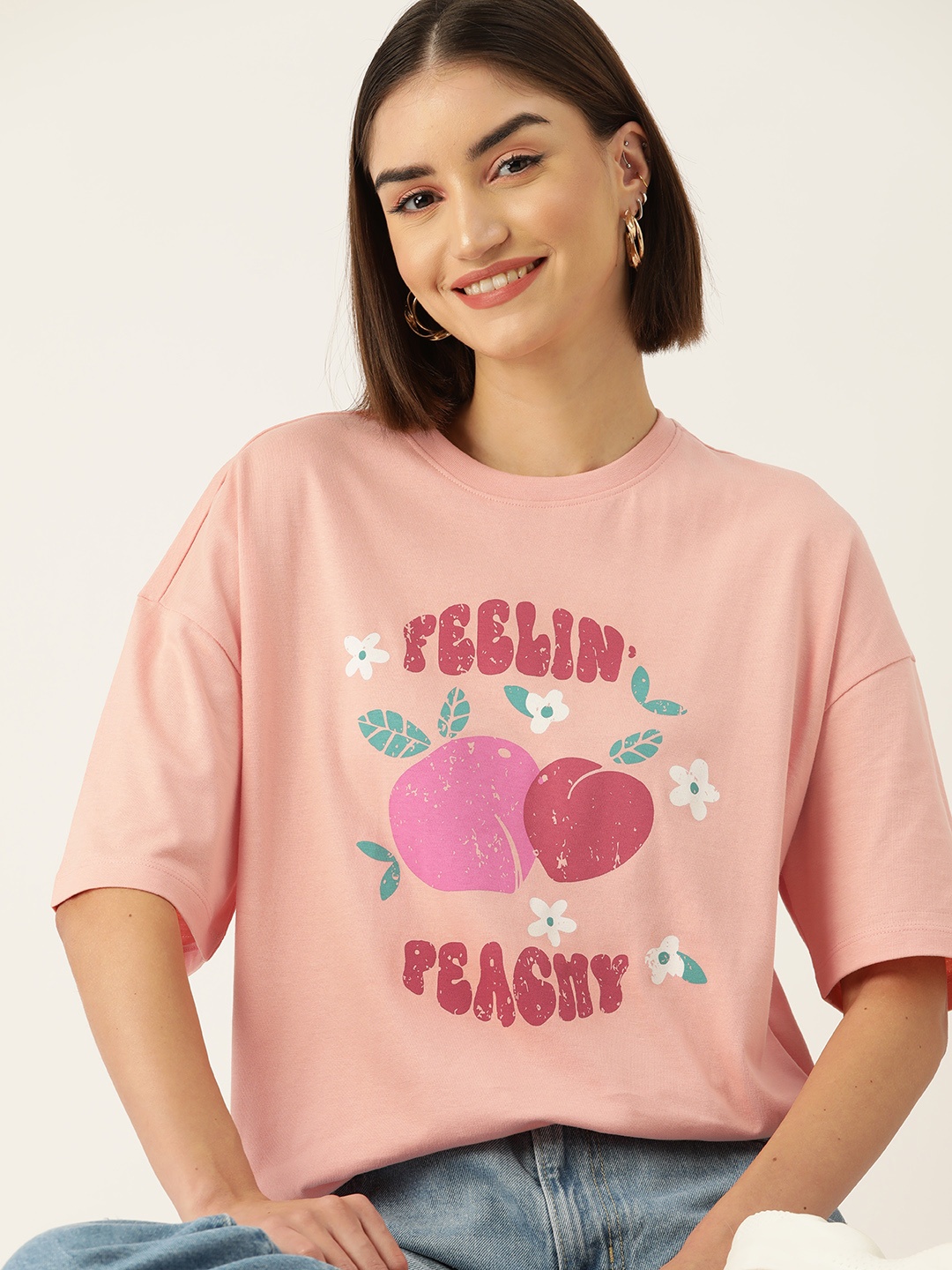 

DressBerry Women Printed Drop-Shoulder Sleeves Pure Cotton Boxy T-shirt, Peach