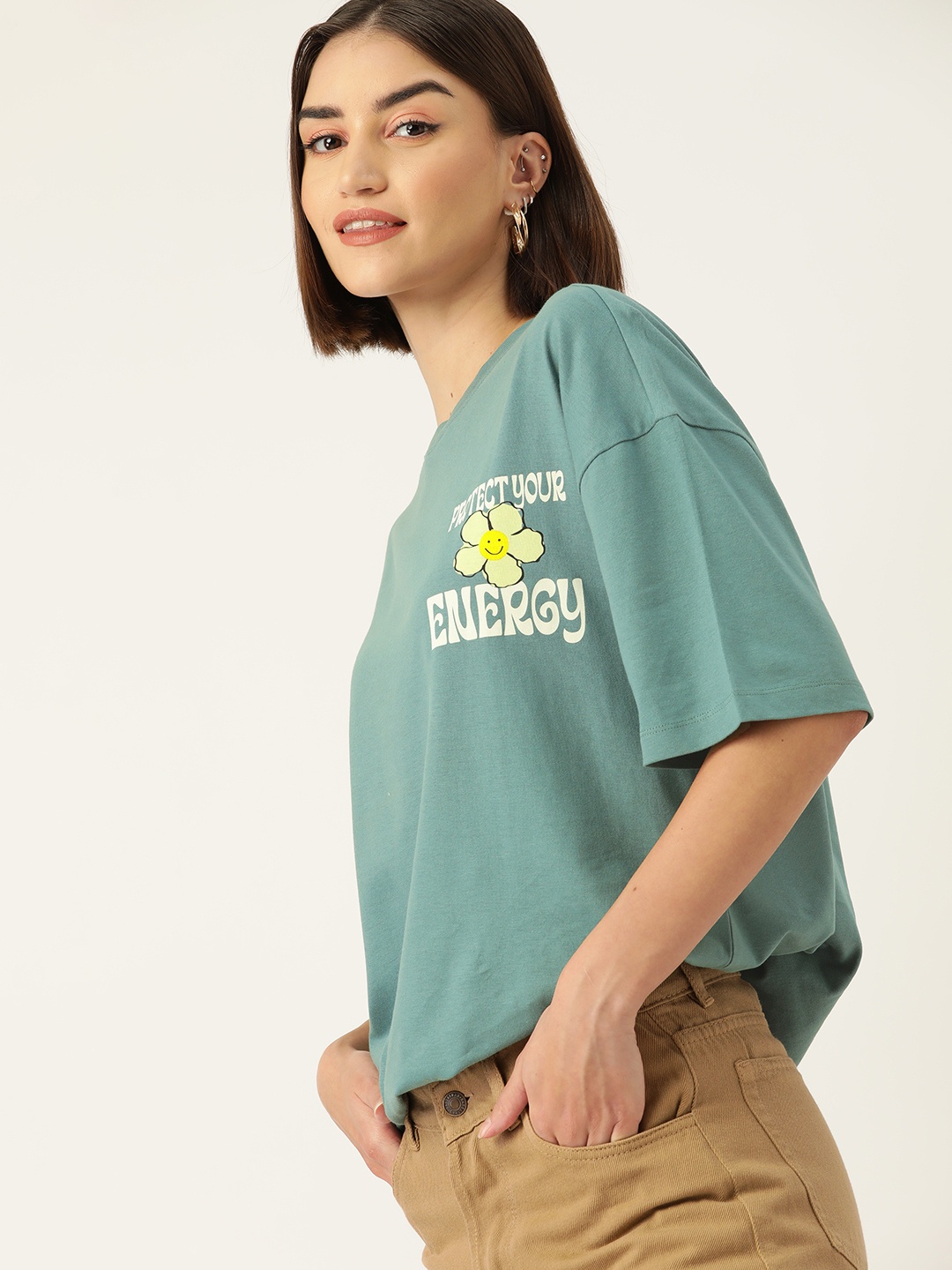 

DressBerry Women Printed Drop-Shoulder Sleeves Pure Cotton Boxy T-shirt, Green