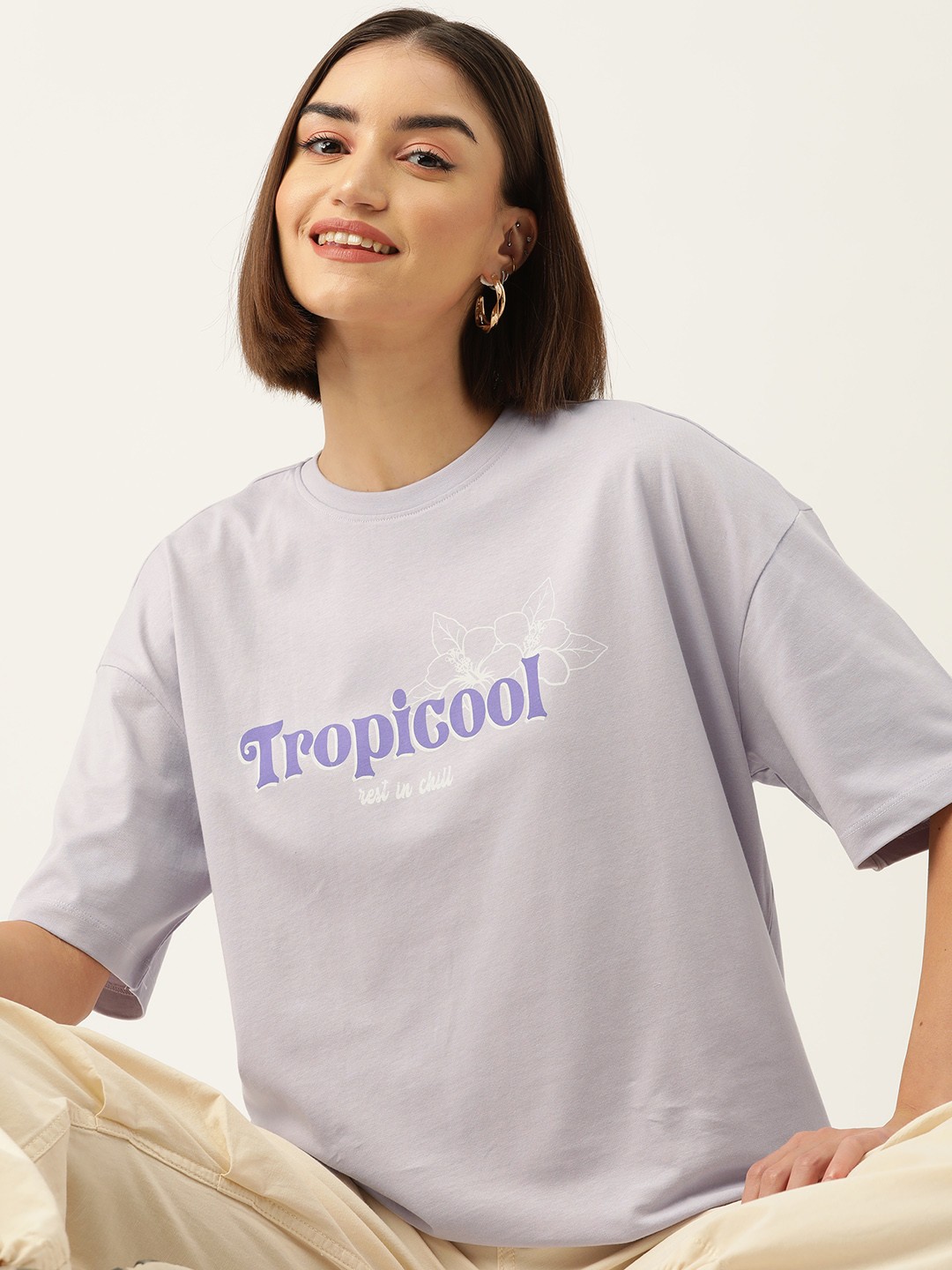 

DressBerry Women Typography Printed Drop-Shoulder Sleeves Pure Cotton Boxy T-shirt, Lavender