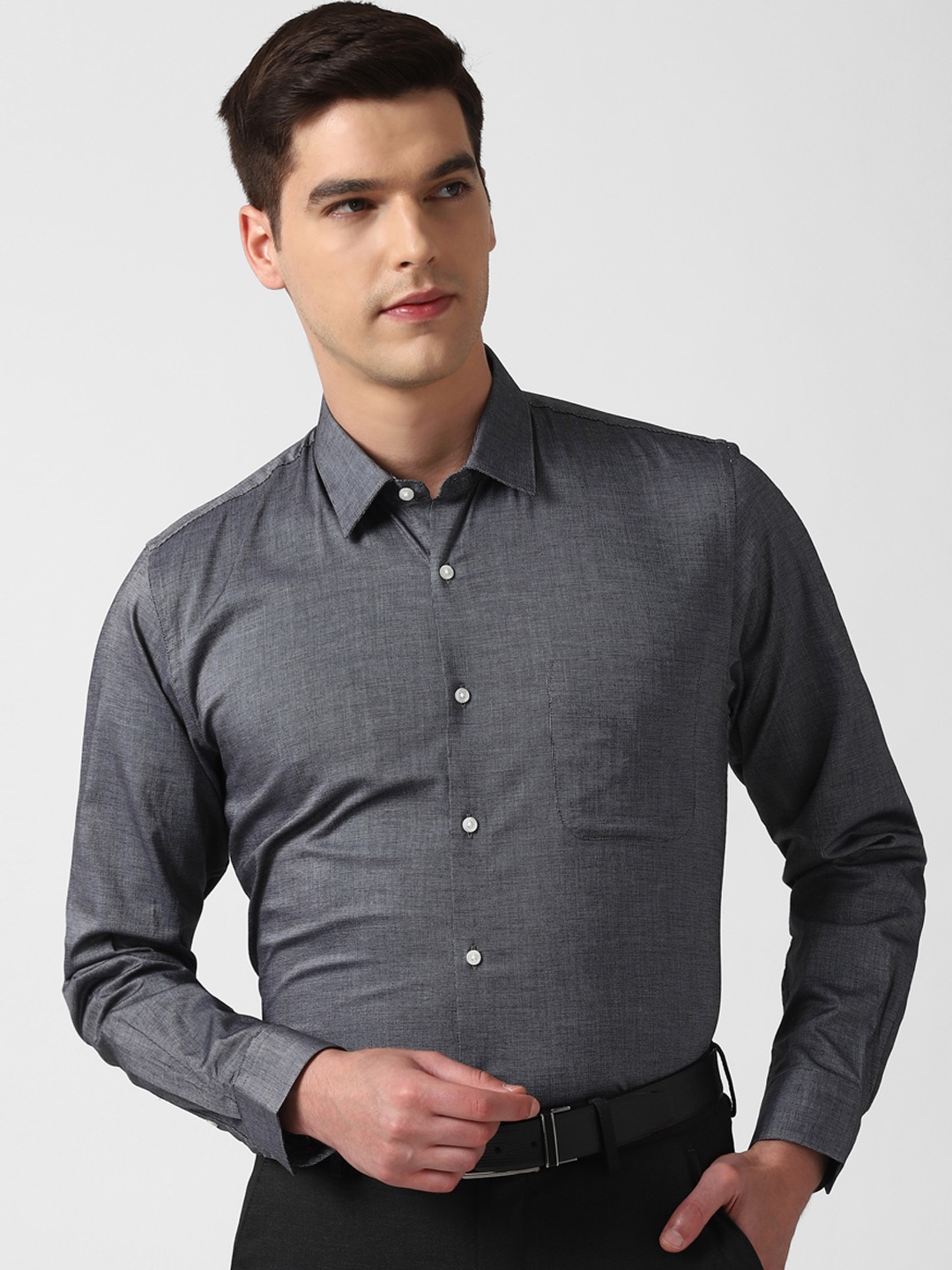 

Peter England Men Charcoal Grey Slim Fit Self Design Formal Shirt