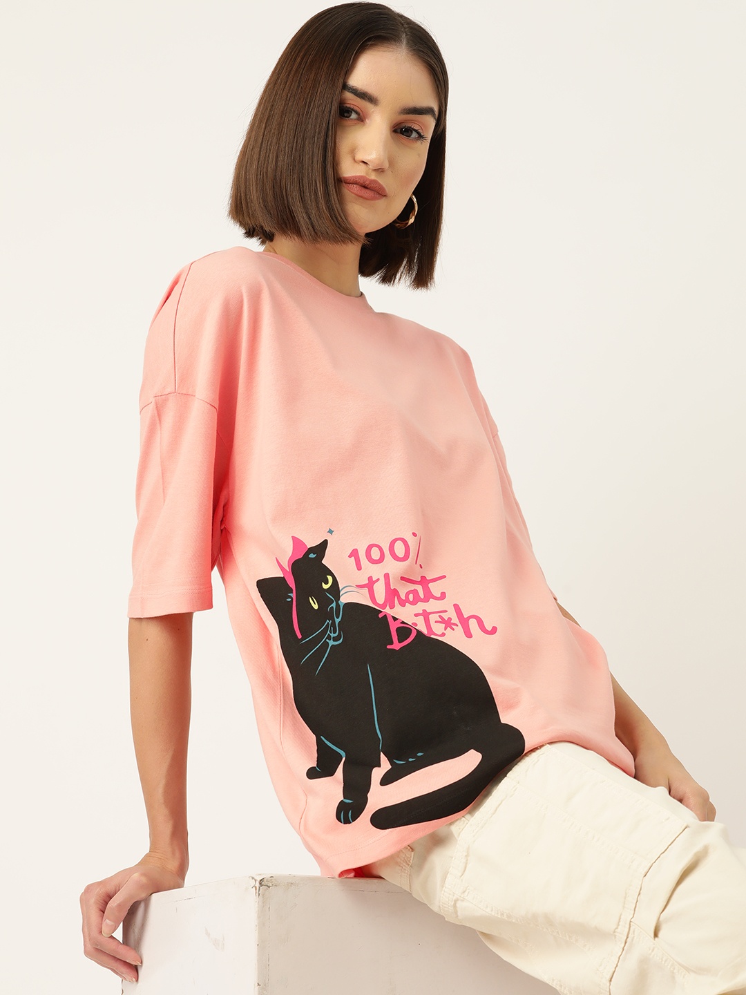 

DressBerry Women Printed Drop-Shoulder Sleeves Pure Cotton T-shirt, Pink