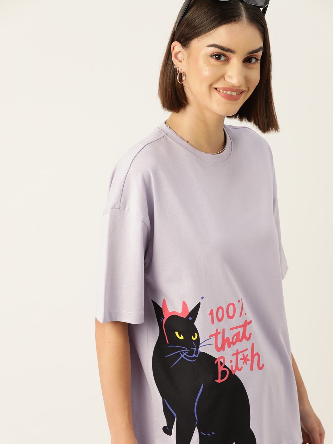 

DressBerry Graphic Printed Drop-Shoulder Sleeves Longline Boxy T-shirt, Lavender