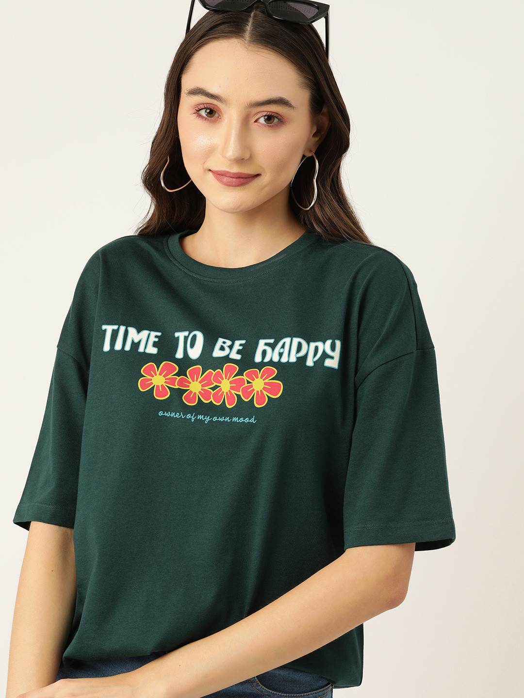 

DressBerry Printed Drop-Shoulder Sleeves Longline Boxy T-shirt, Green