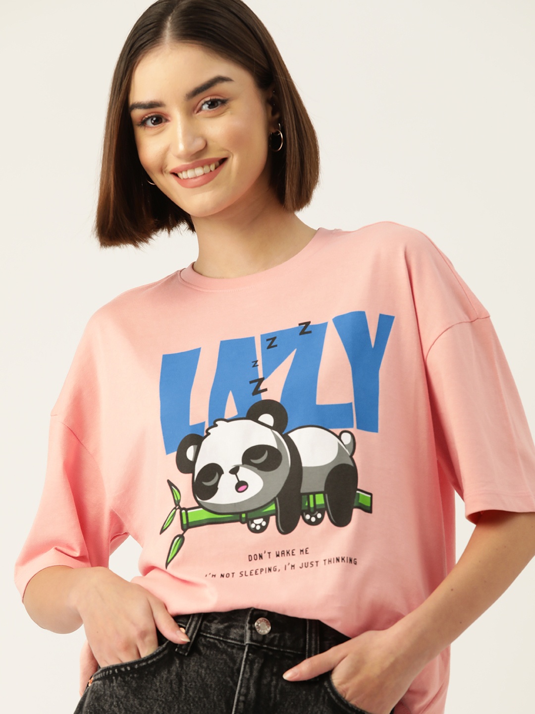 

DressBerry Graphic Printed Drop-Shoulder Sleeves Longline Boxy T-shirt, Coral