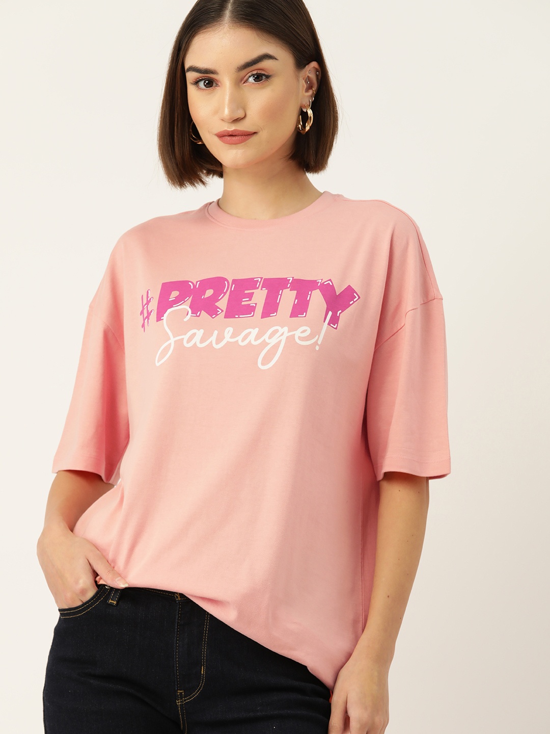 

DressBerry Typography Printed Drop-Shoulder Sleeves Boxy T-shirt, Coral