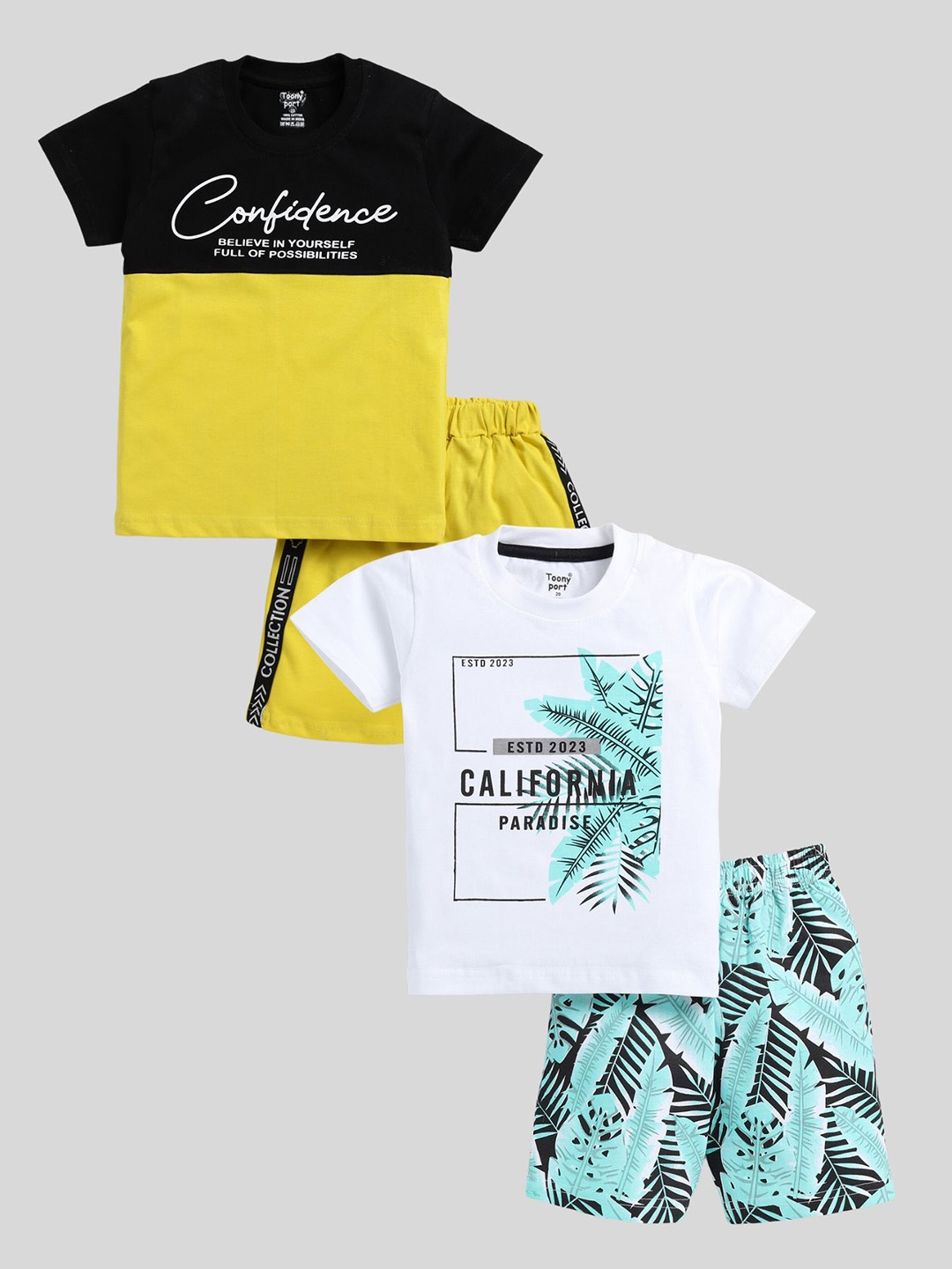 

Toonyport Infant Boys Pack Of 2 Typography Printed Pure Cotton T-shirt with Shorts, Yellow