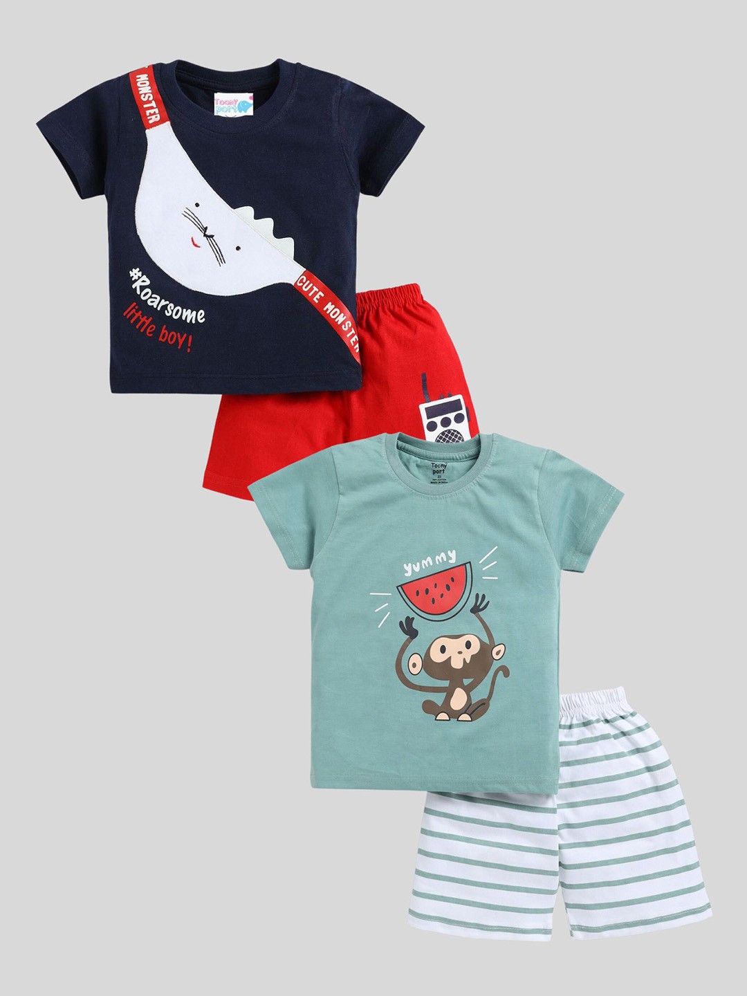 

Toonyport Infant Boys Pack Of 2 Typography Printed Pure Cotton T-shirt with Shorts, Sea green