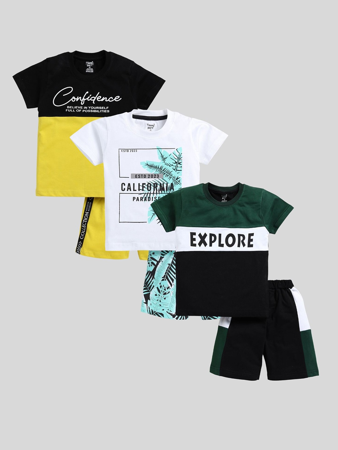 

Toonyport Infant Boys Pack Of 3 Typography Printed Pure Cotton T-shirt with Shorts, Yellow