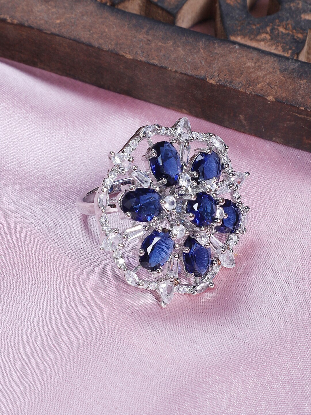 

STEORRA JEWELS Rhodium Plated AD-Studded Adjustable Finger Ring, Silver