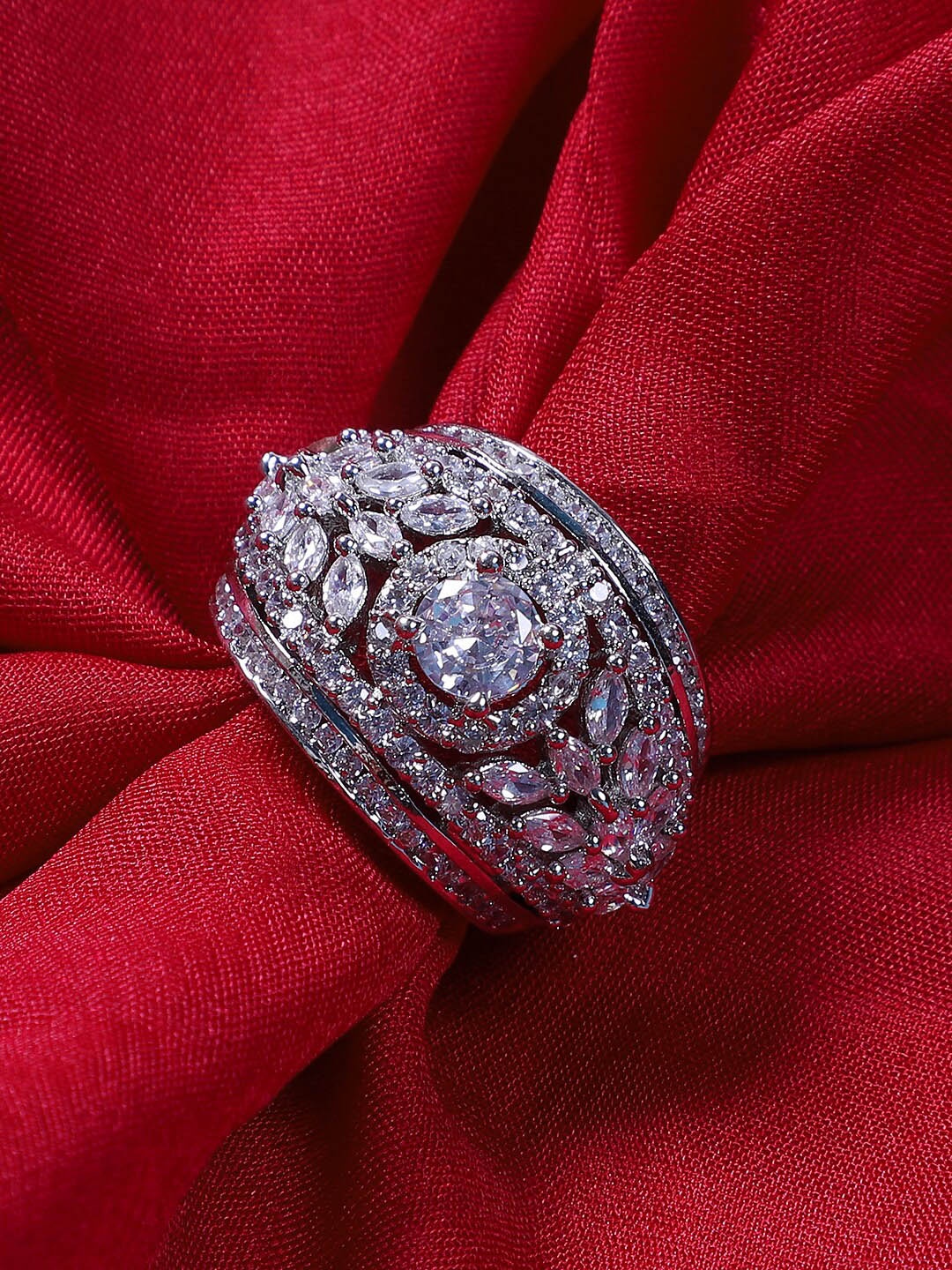 

STEORRA JEWELS Rhodium Plated AD-Studded Adjustable Finger Ring, Silver