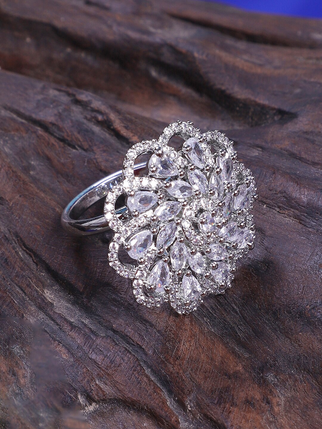 

STEORRA JEWELS Rhodium Plated AD-Studded Adjustable Finger Ring, Silver