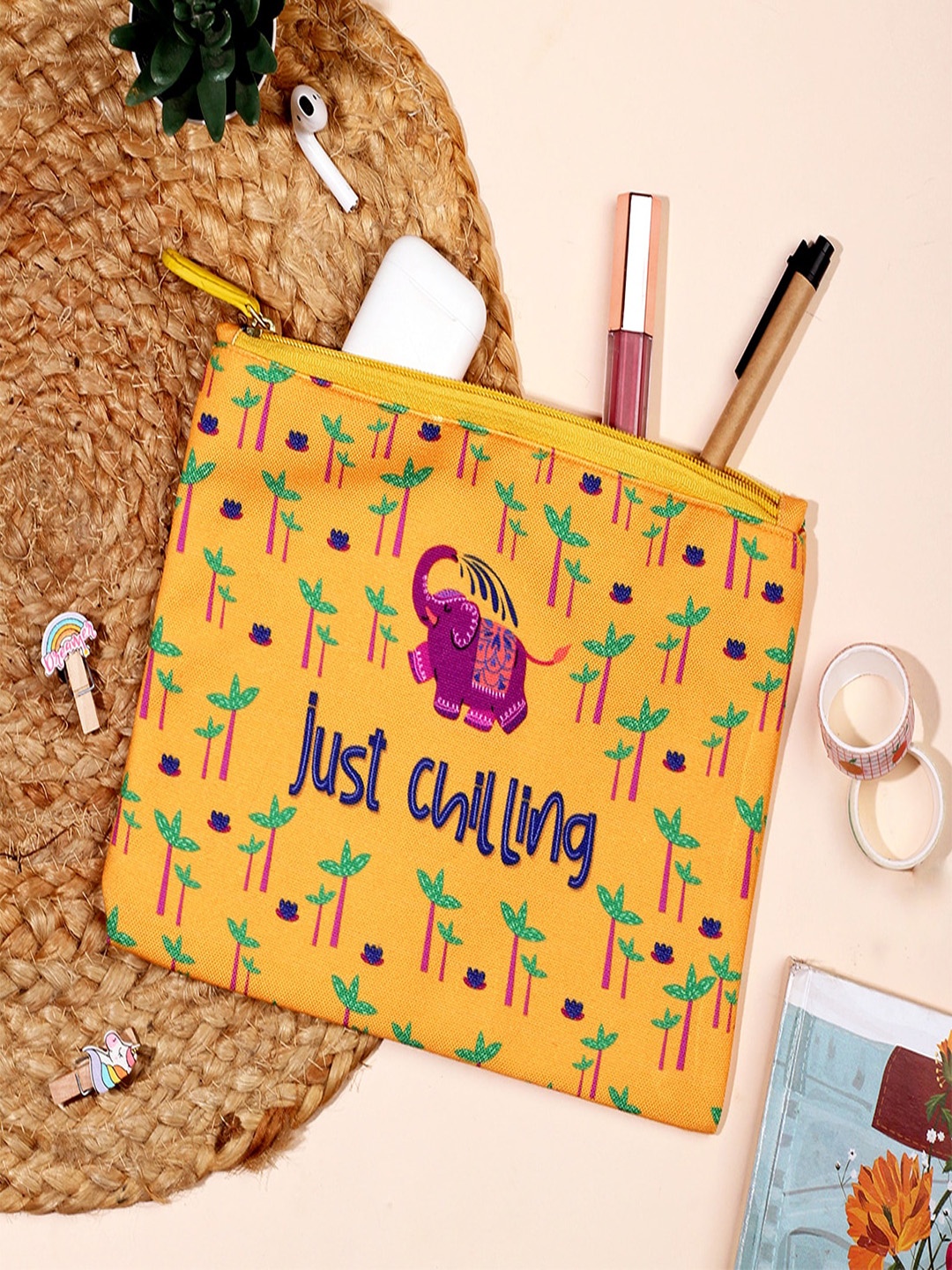 

Happening Hippo Printed Cosmetic Makeup Accessories Organizer Pouch, Yellow