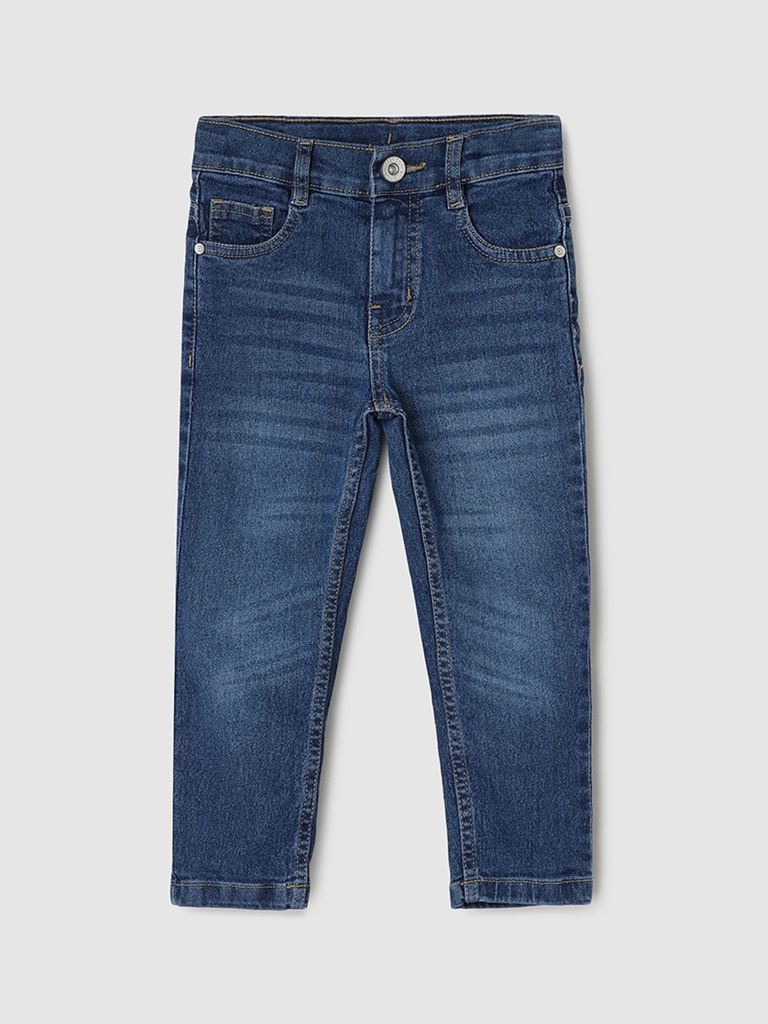 

max Boys Mid-Rise Whiskers & Chevrons Light Fade Cotton Jeans, Blue