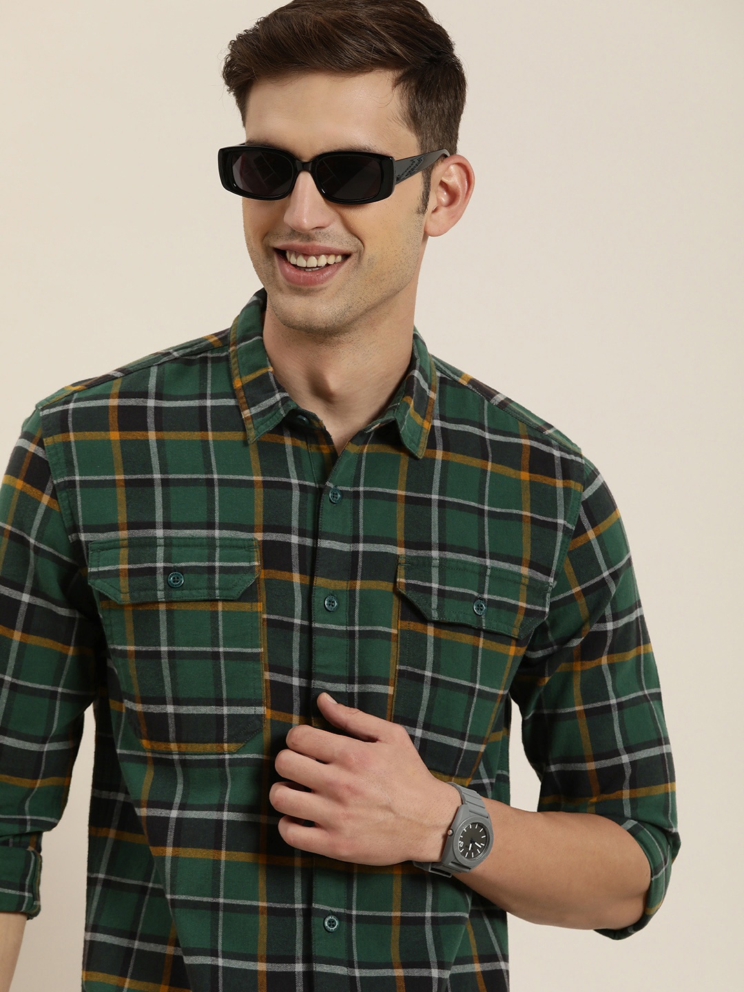 

HERE&NOW Men Opaque Checked Casual Shirt, Green
