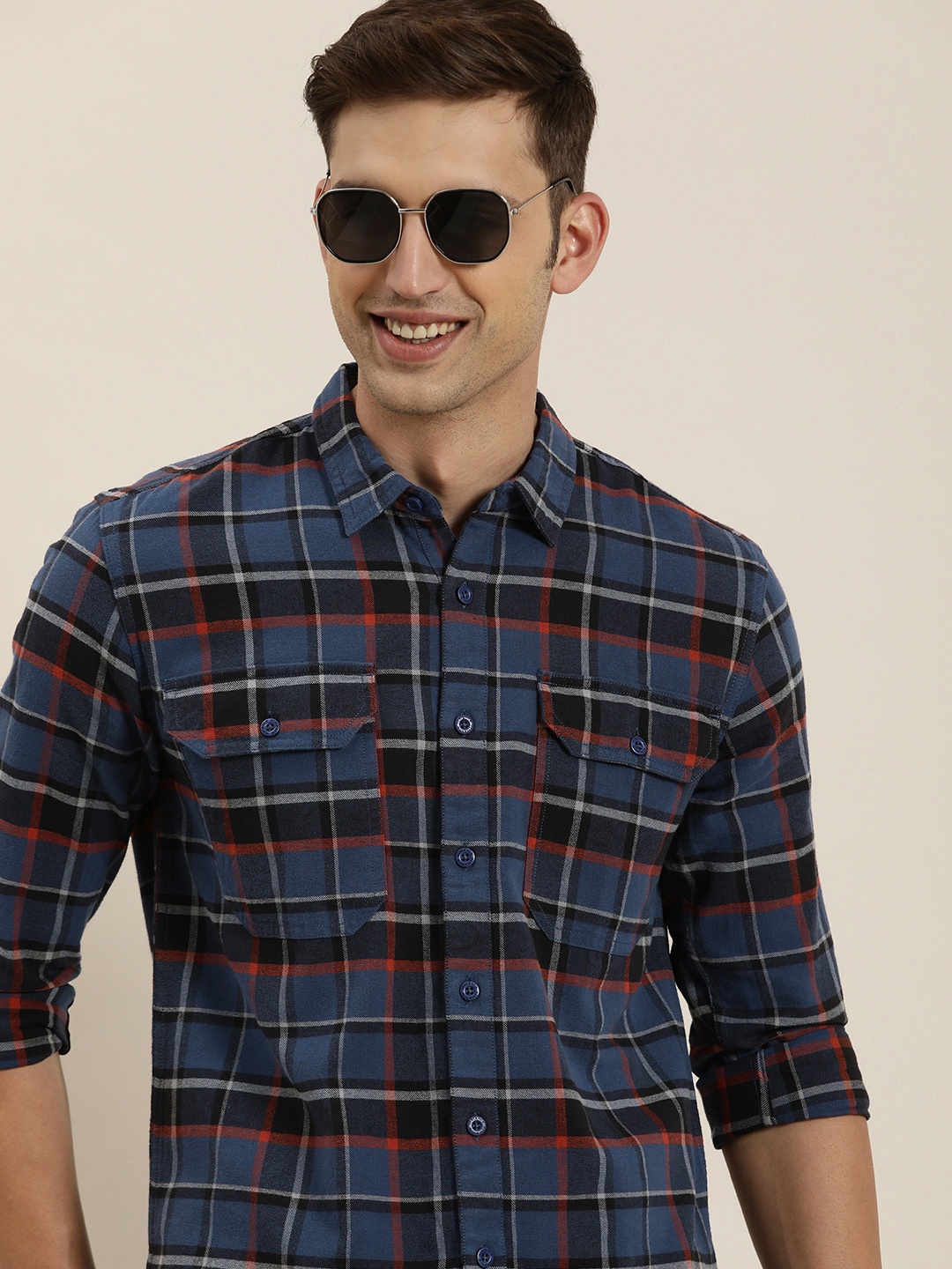 

HERE&NOW Men Opaque Checked Casual Shirt, Navy blue