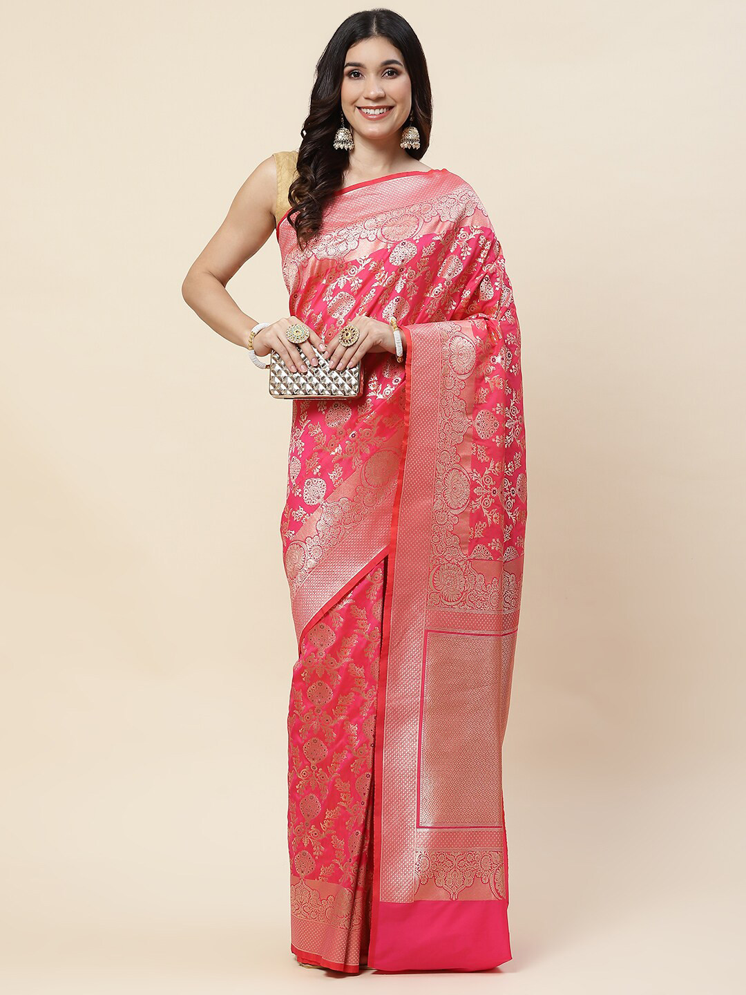 

Meena Bazaar Floral Woven Design Zari Banarasi Saree, Pink
