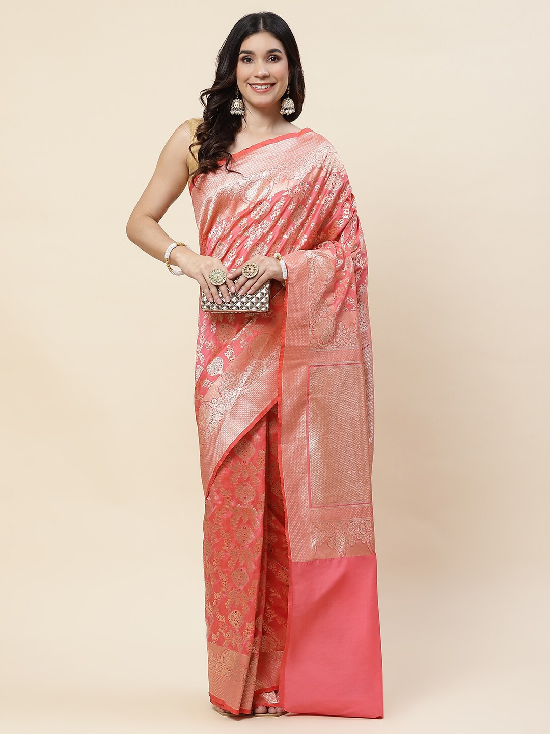 

Meena Bazaar Floral Woven Design Zari Art Silk Banarasi Saree, Peach