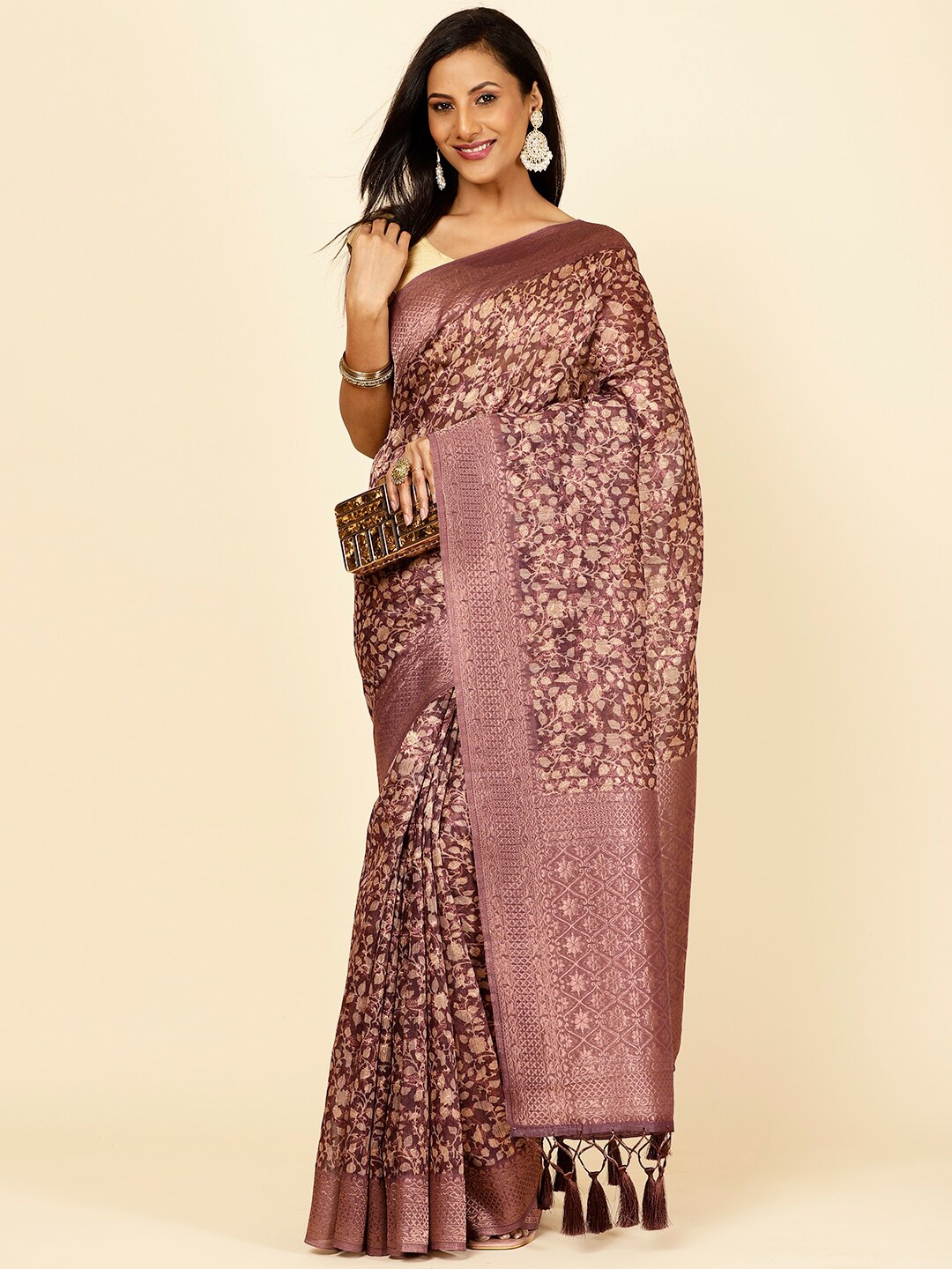 

Meena Bazaar Floral Printed Zari Saree, Purple