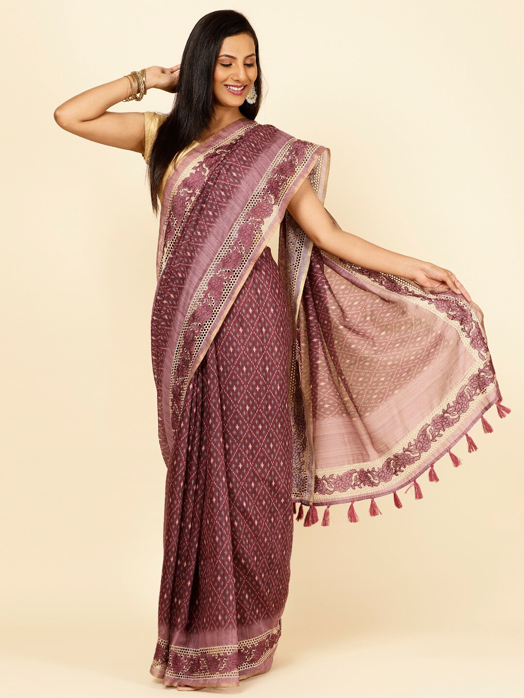 

Meena Bazaar Ethnic Motifs Printed Art Silk Saree, Purple